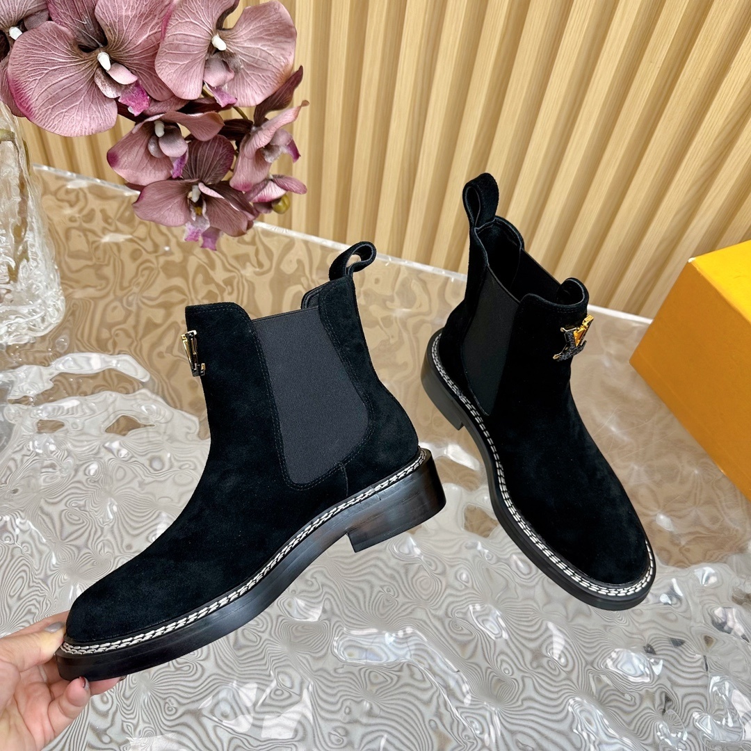 Louis Vuitton Black Suede Chelsea Boots with Gold LV Logo