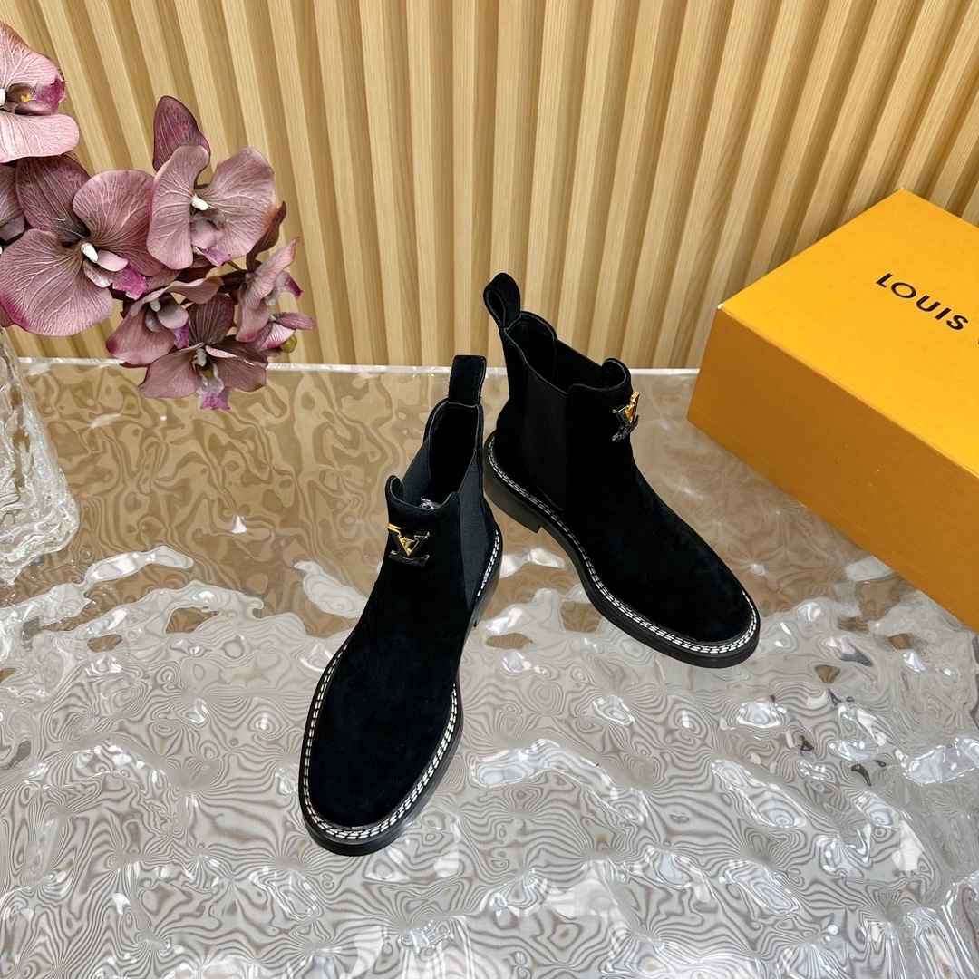 Louis Vuitton Black Suede Chelsea Boots with Gold LV Logo