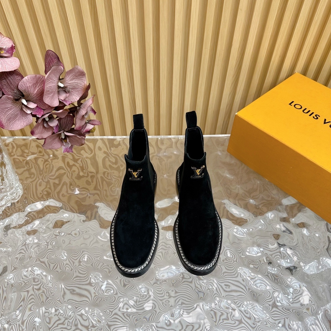 Louis Vuitton Black Suede Chelsea Boots with Gold LV Logo