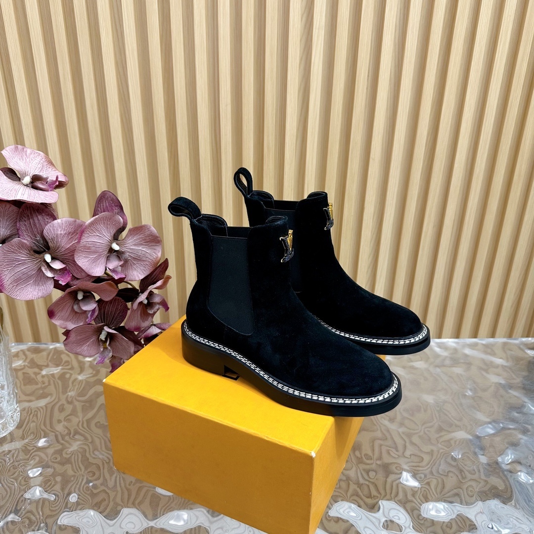 Louis Vuitton Black Suede Chelsea Boots with Gold LV Logo