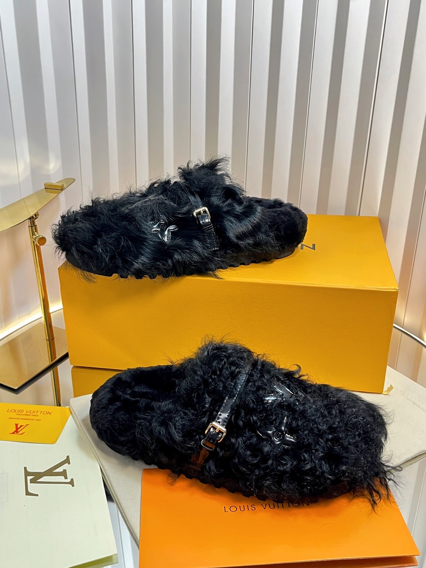 Louis Vuitton Black Shearling Paseo Comfort Mules