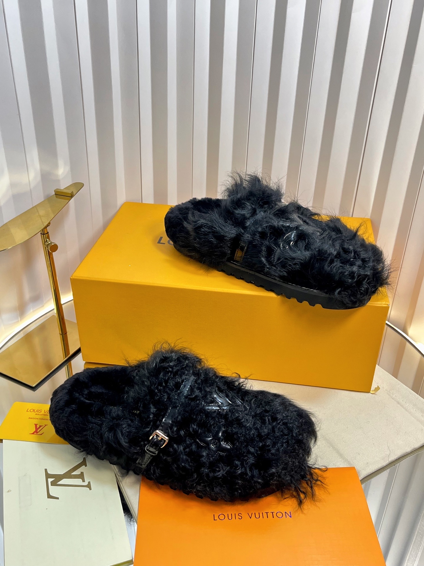 Louis Vuitton Black Shearling Paseo Comfort Mules