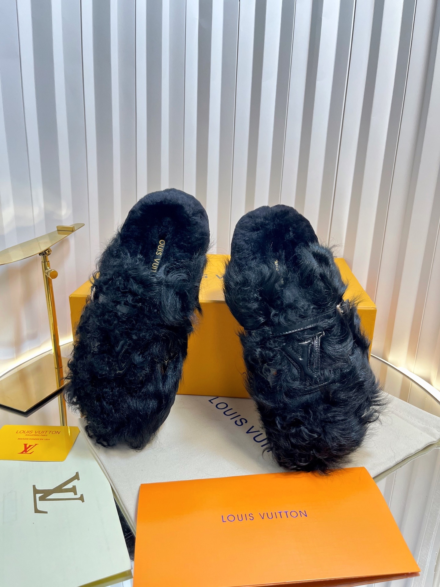 Louis Vuitton Black Shearling Paseo Comfort Mules