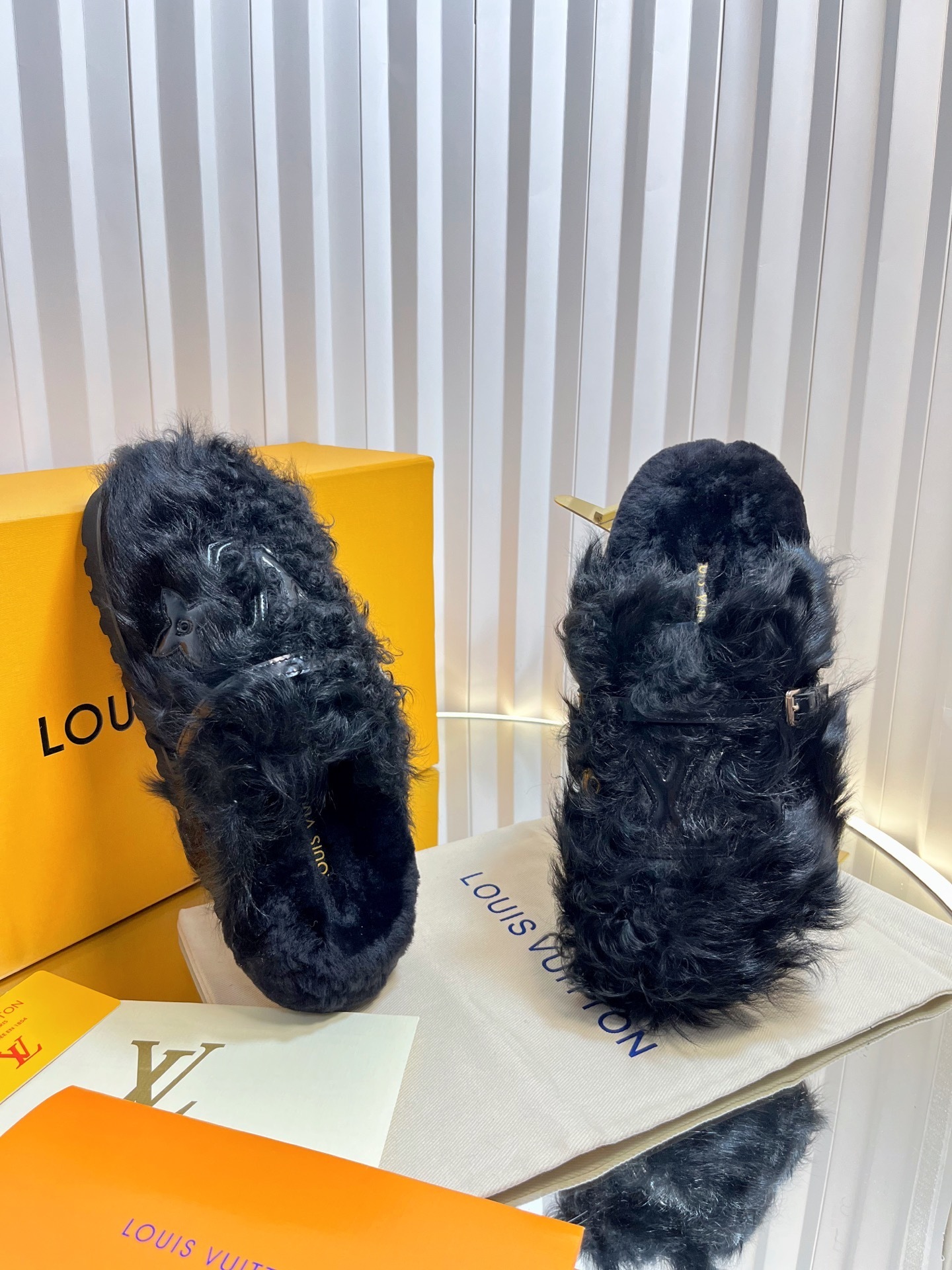 Louis Vuitton Black Shearling Paseo Comfort Mules