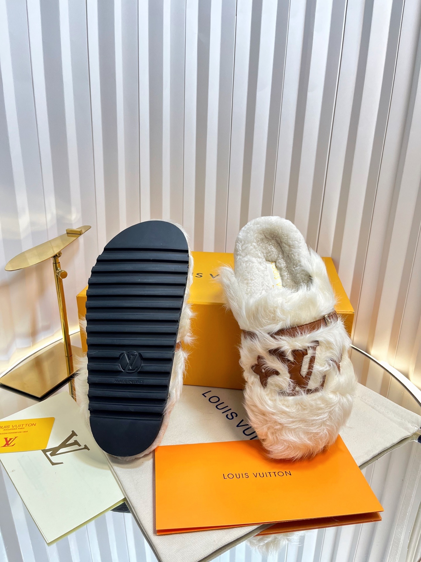 Louis Vuitton Paseo Flat Comfort Mule in White Shearling