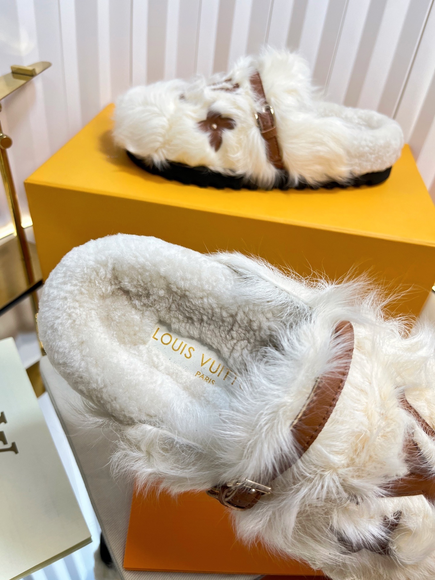 Louis Vuitton Paseo Flat Comfort Mule in White Shearling