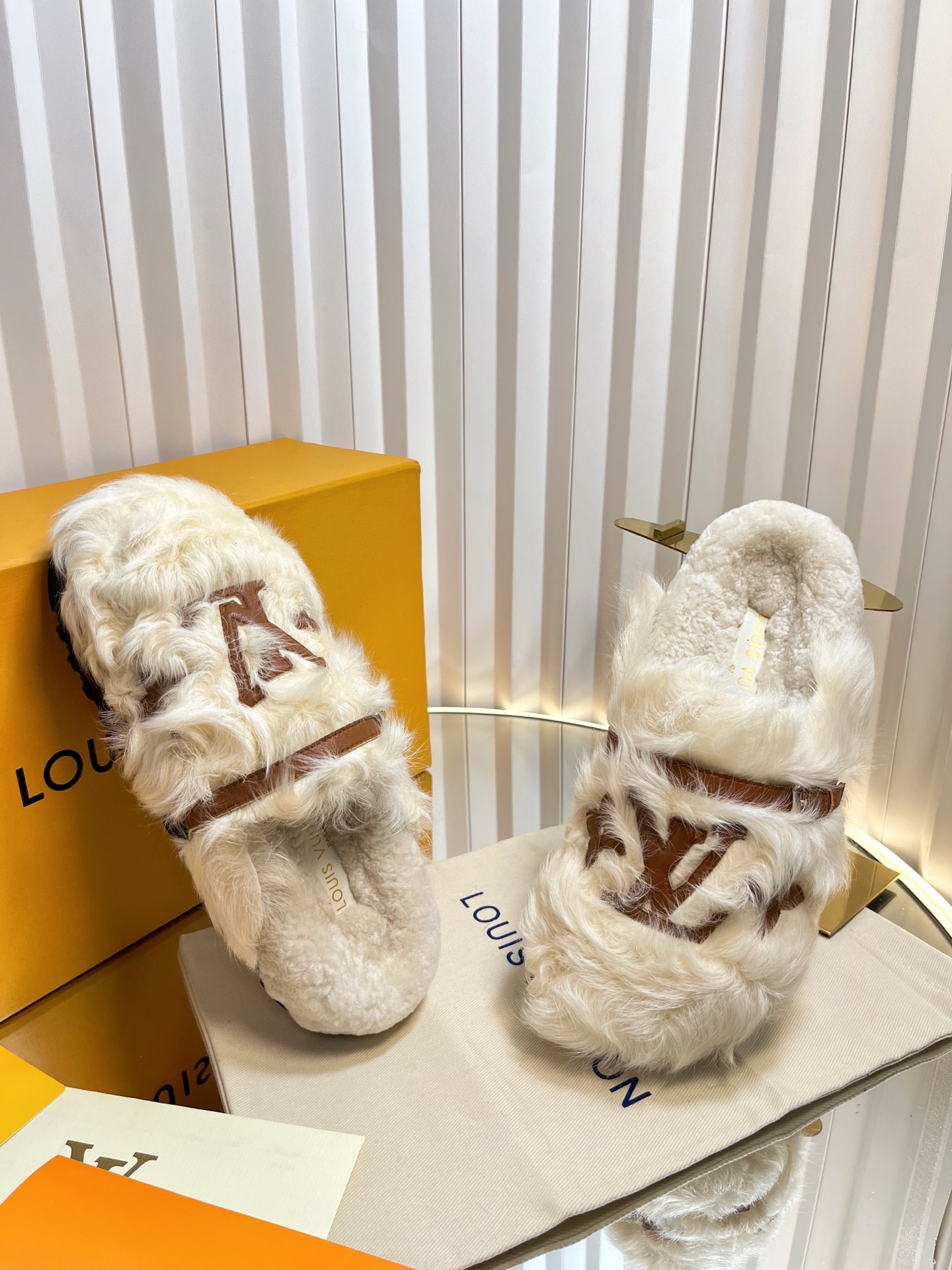 Louis Vuitton Paseo Flat Comfort Mule in White Shearling