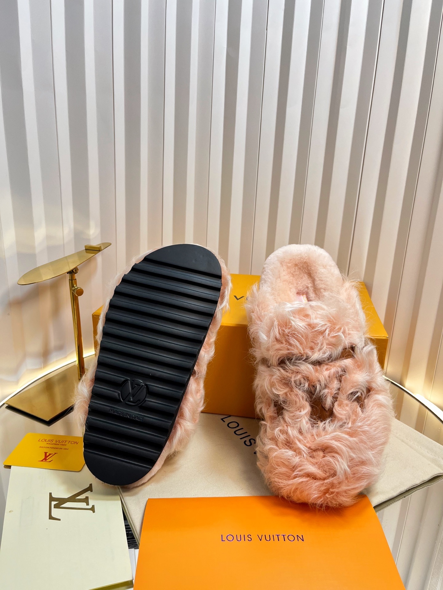 Louis Vuitton Pink Shearling Monogram Slippers Luxury Mules