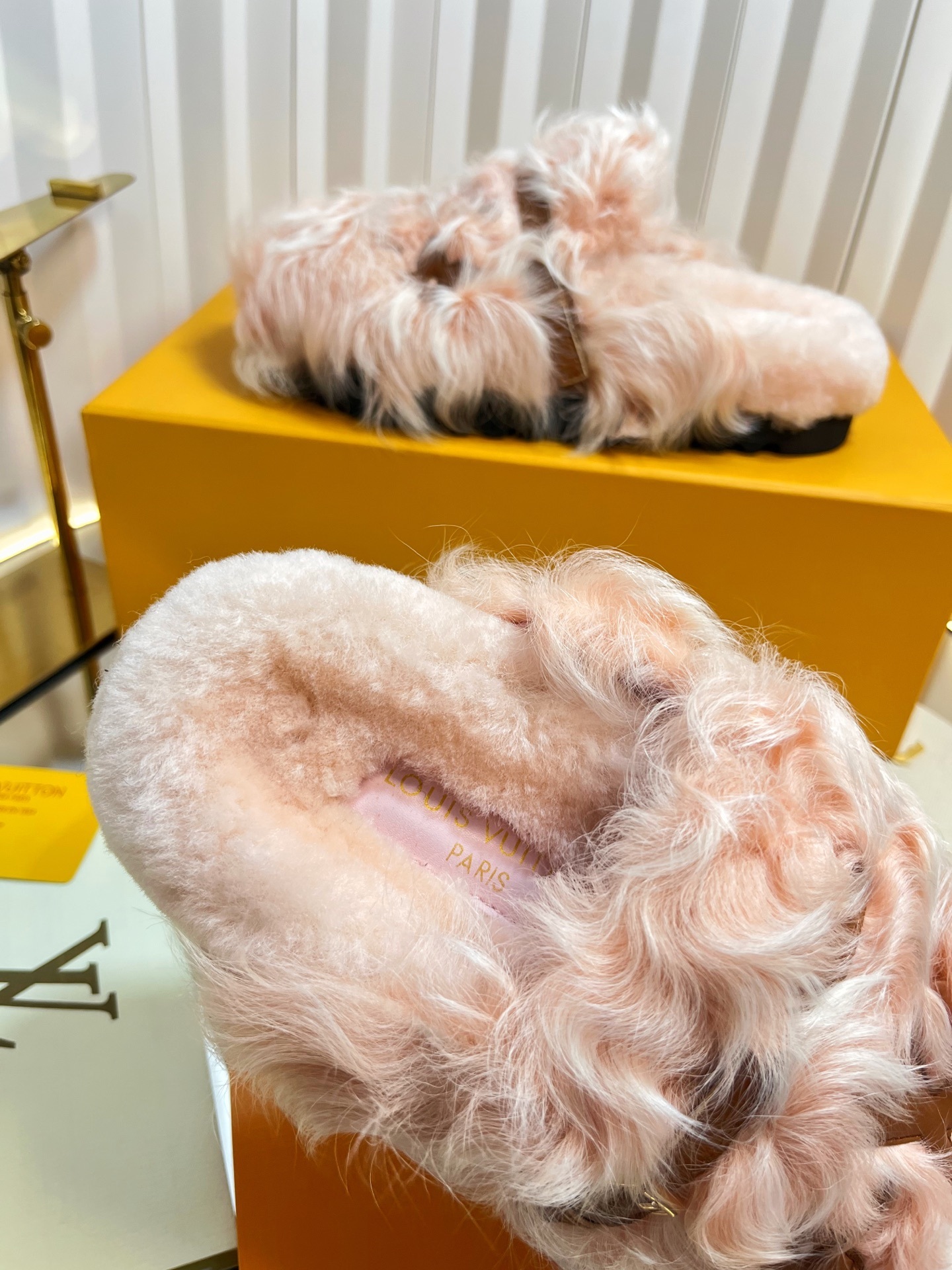 Louis Vuitton Pink Shearling Monogram Slippers Luxury Mules