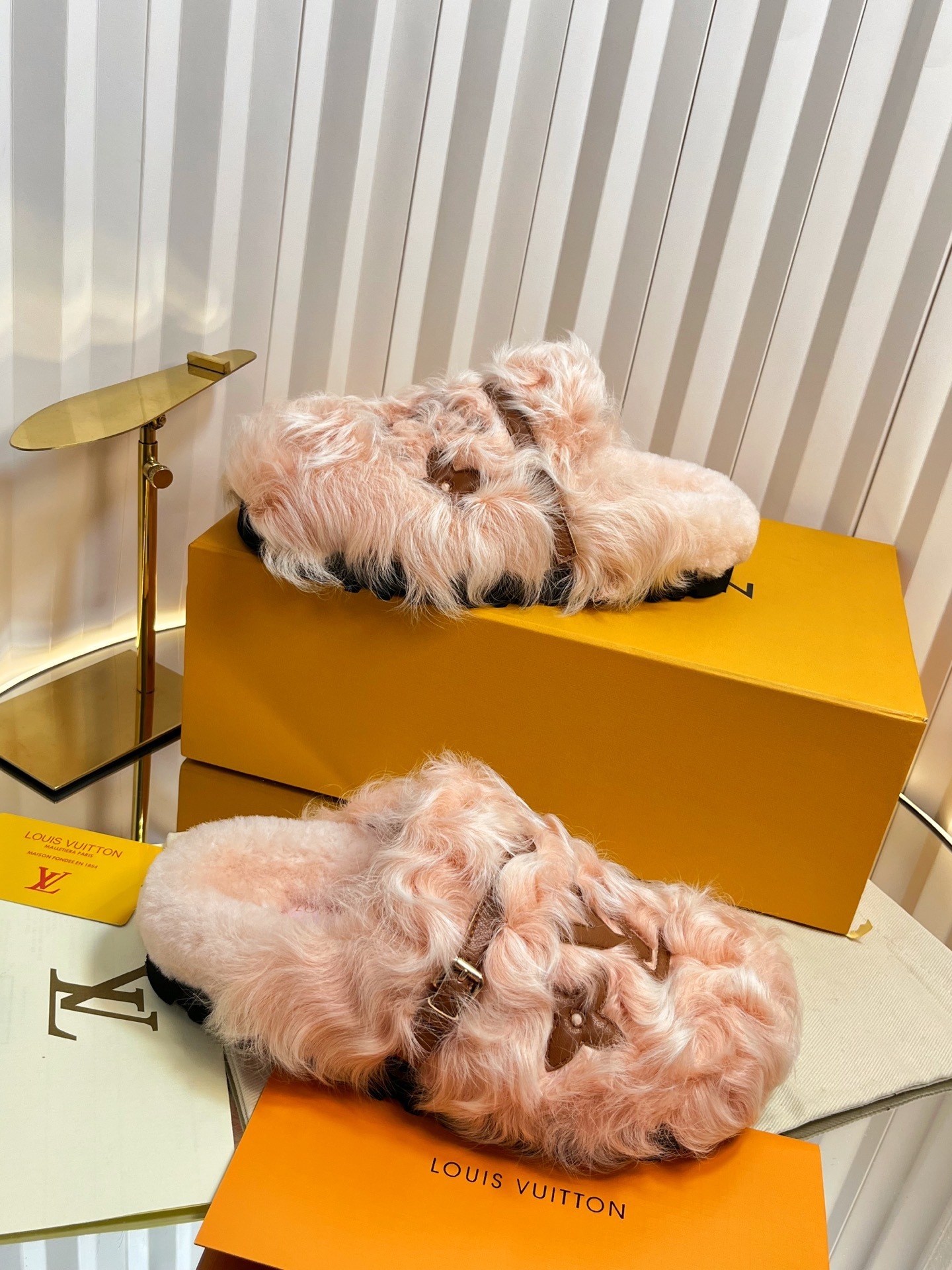 Louis Vuitton Pink Shearling Monogram Slippers Luxury Mules