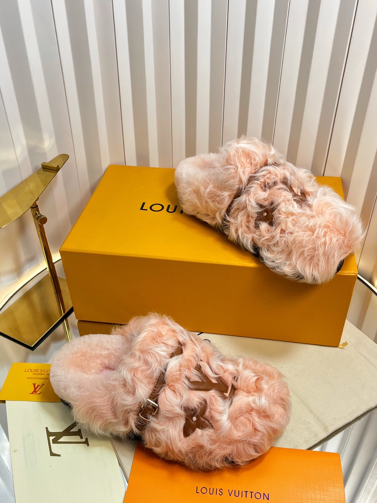 Louis Vuitton Pink Shearling Monogram Slippers Luxury Mules