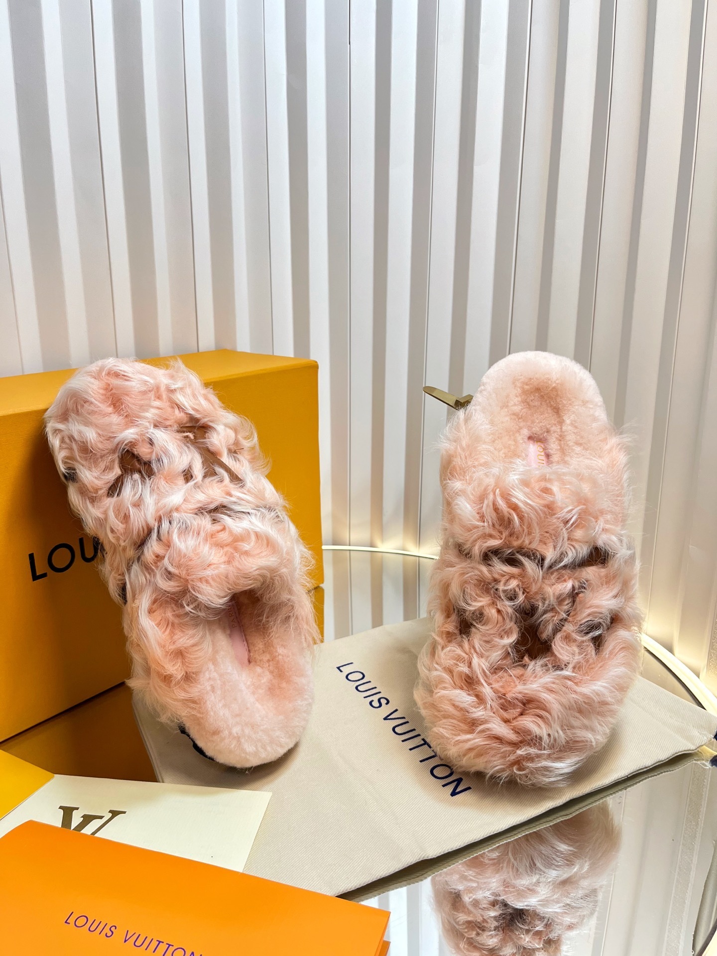 Louis Vuitton Pink Shearling Monogram Slippers Luxury Mules