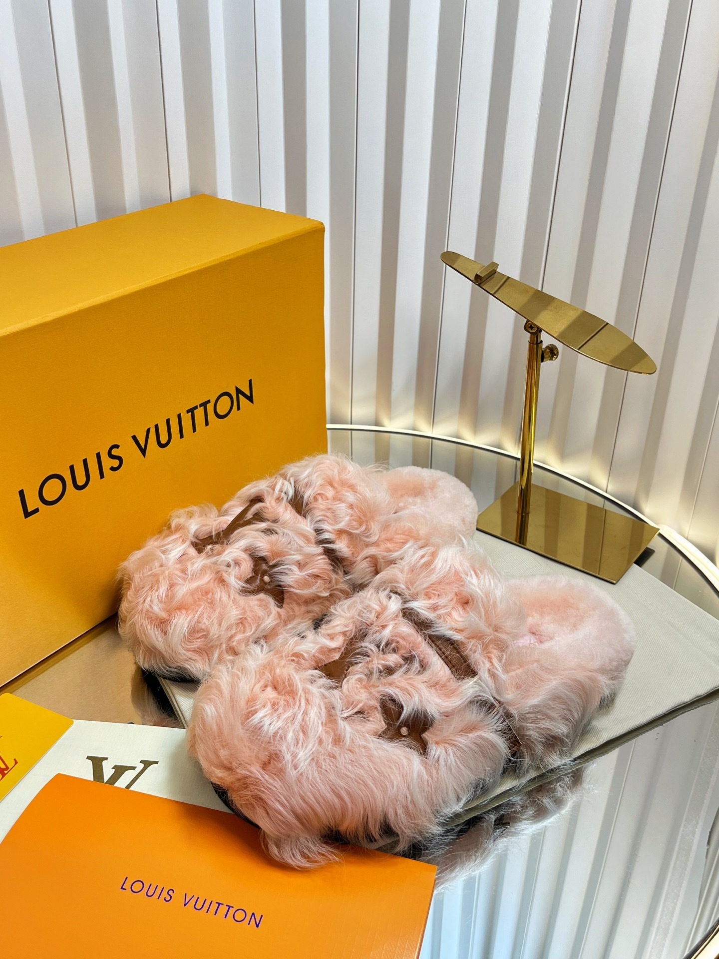 Louis Vuitton Pink Shearling Monogram Slippers Luxury Mules
