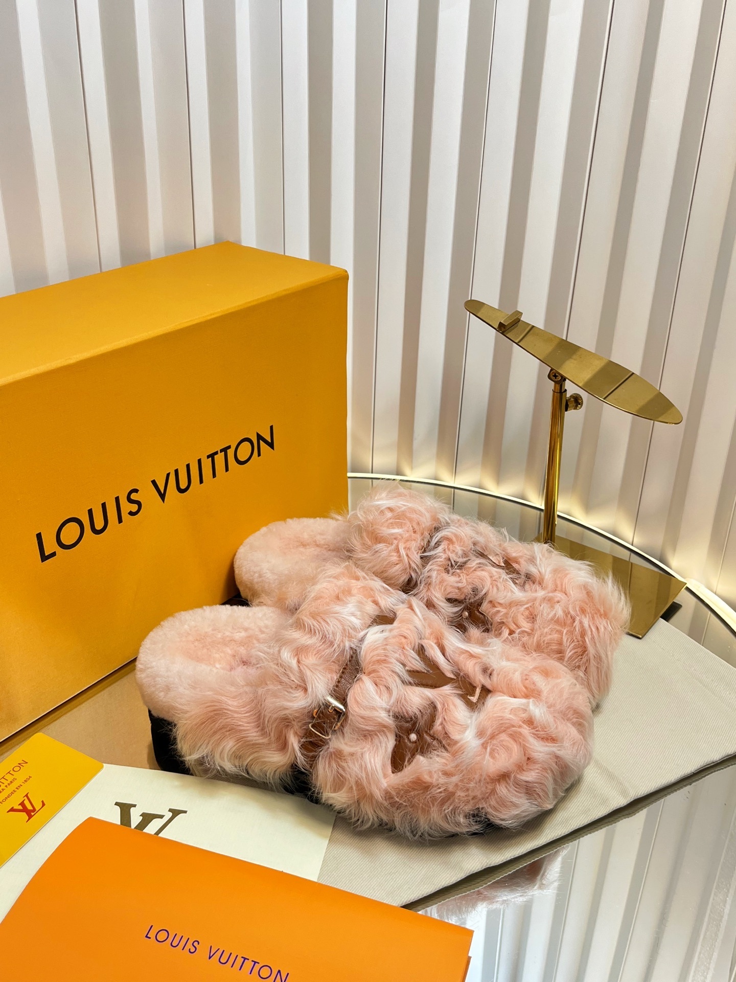 Louis Vuitton Pink Shearling Monogram Slippers Luxury Mules