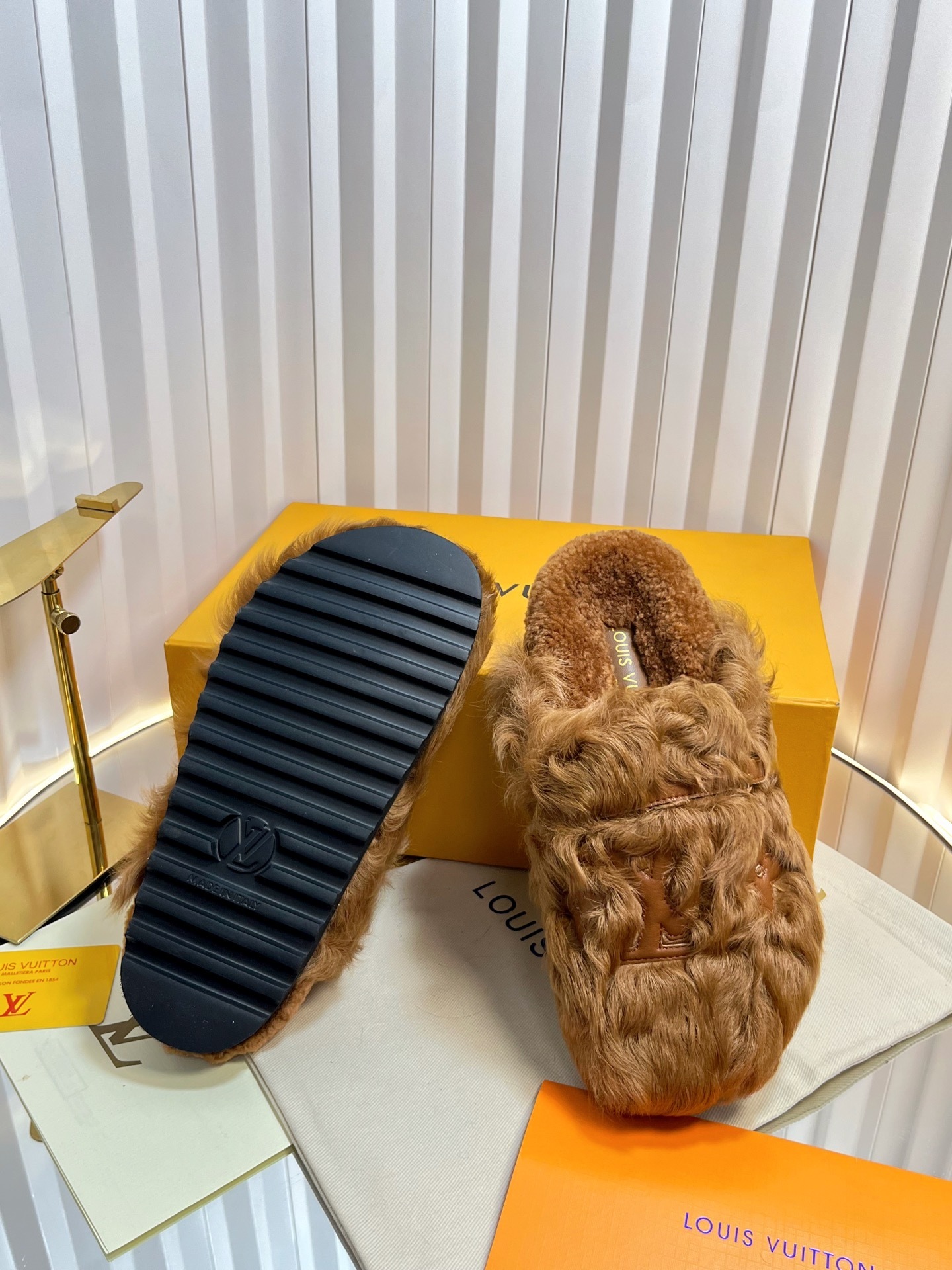 Louis Vuitton Luxury Monogram Fur Slippers - Stylish Camel Brown Mules