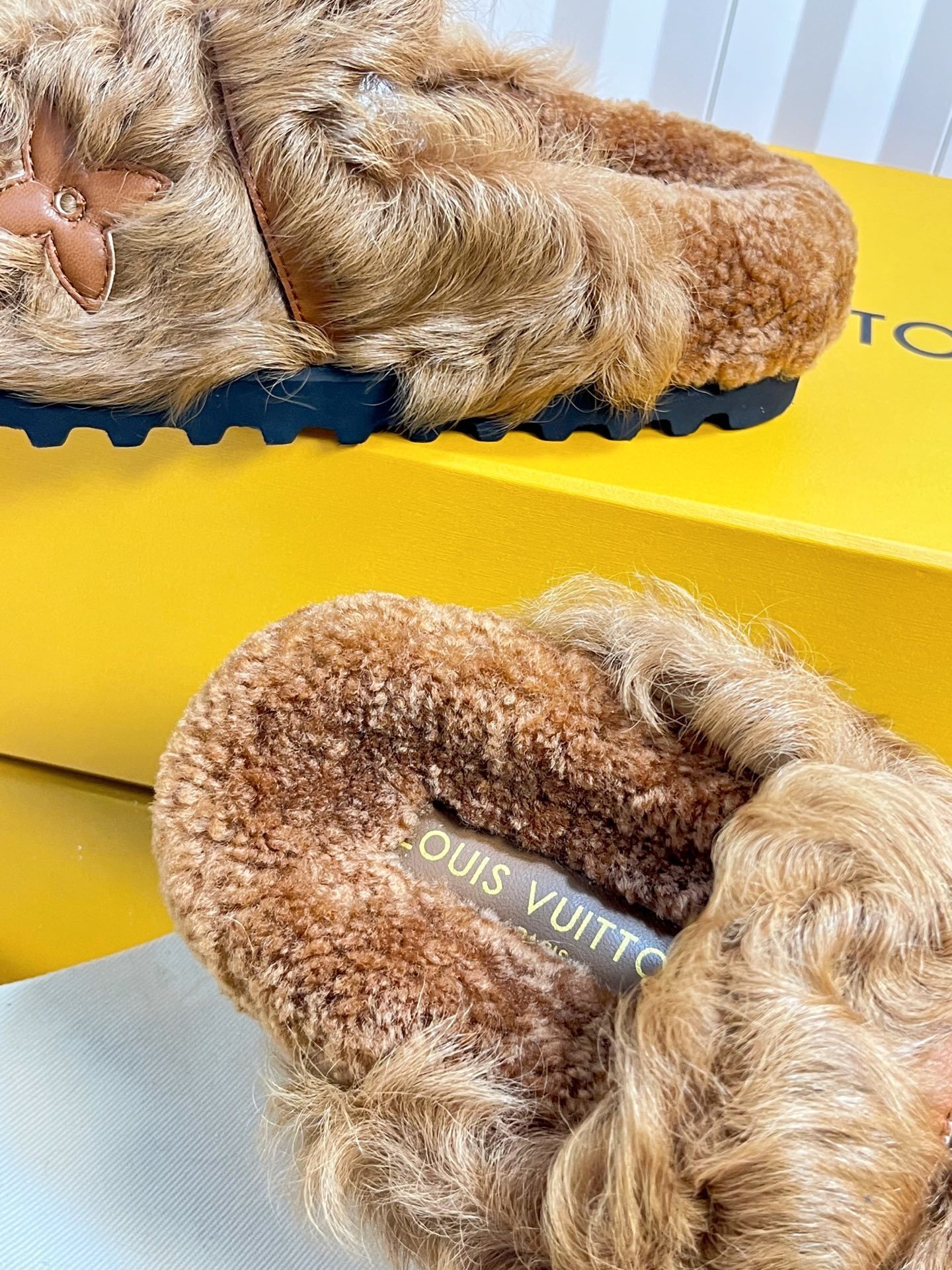 Louis Vuitton Luxury Monogram Fur Slippers - Stylish Camel Brown Mules