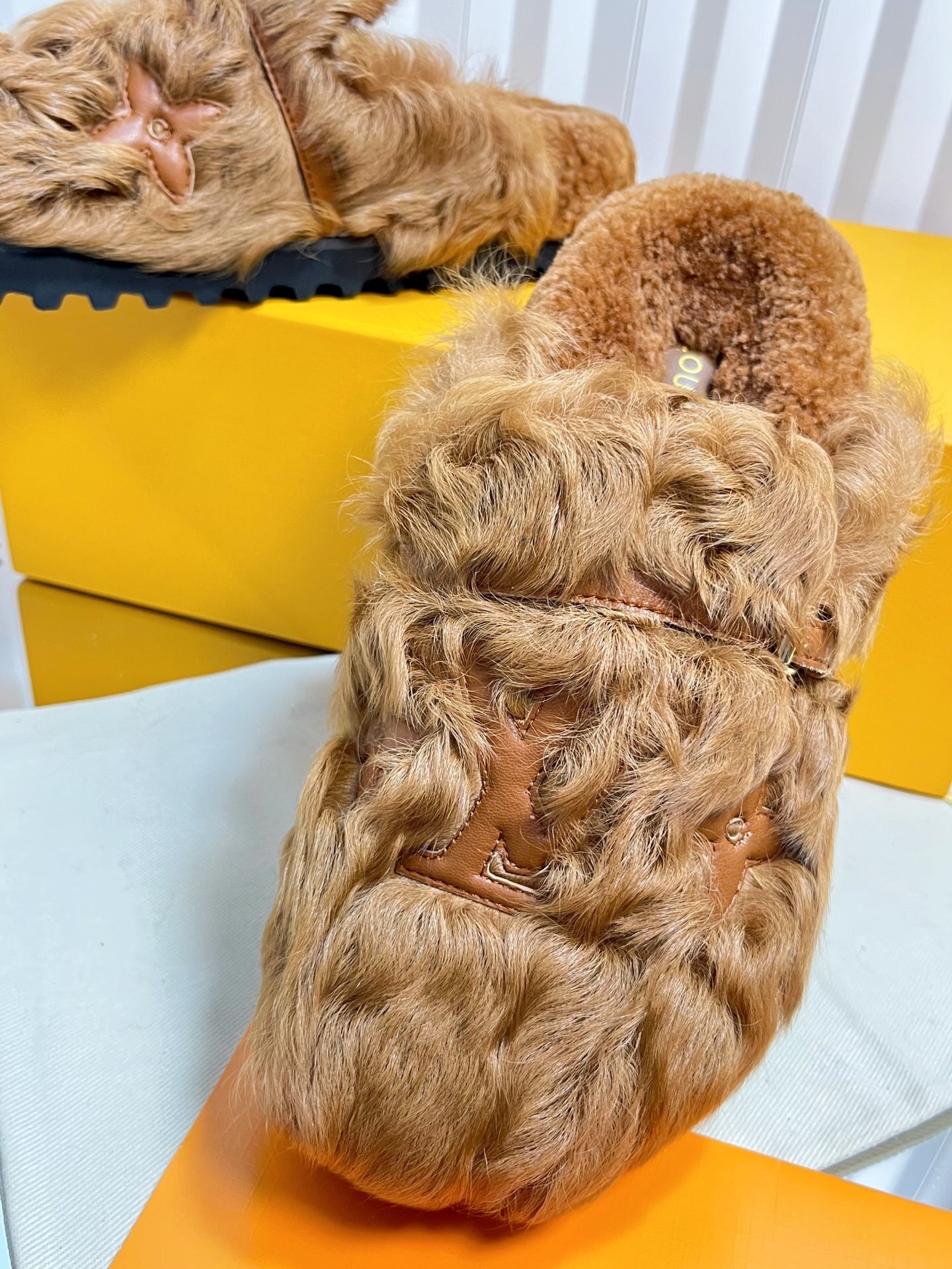 Louis Vuitton Luxury Monogram Fur Slippers - Stylish Camel Brown Mules