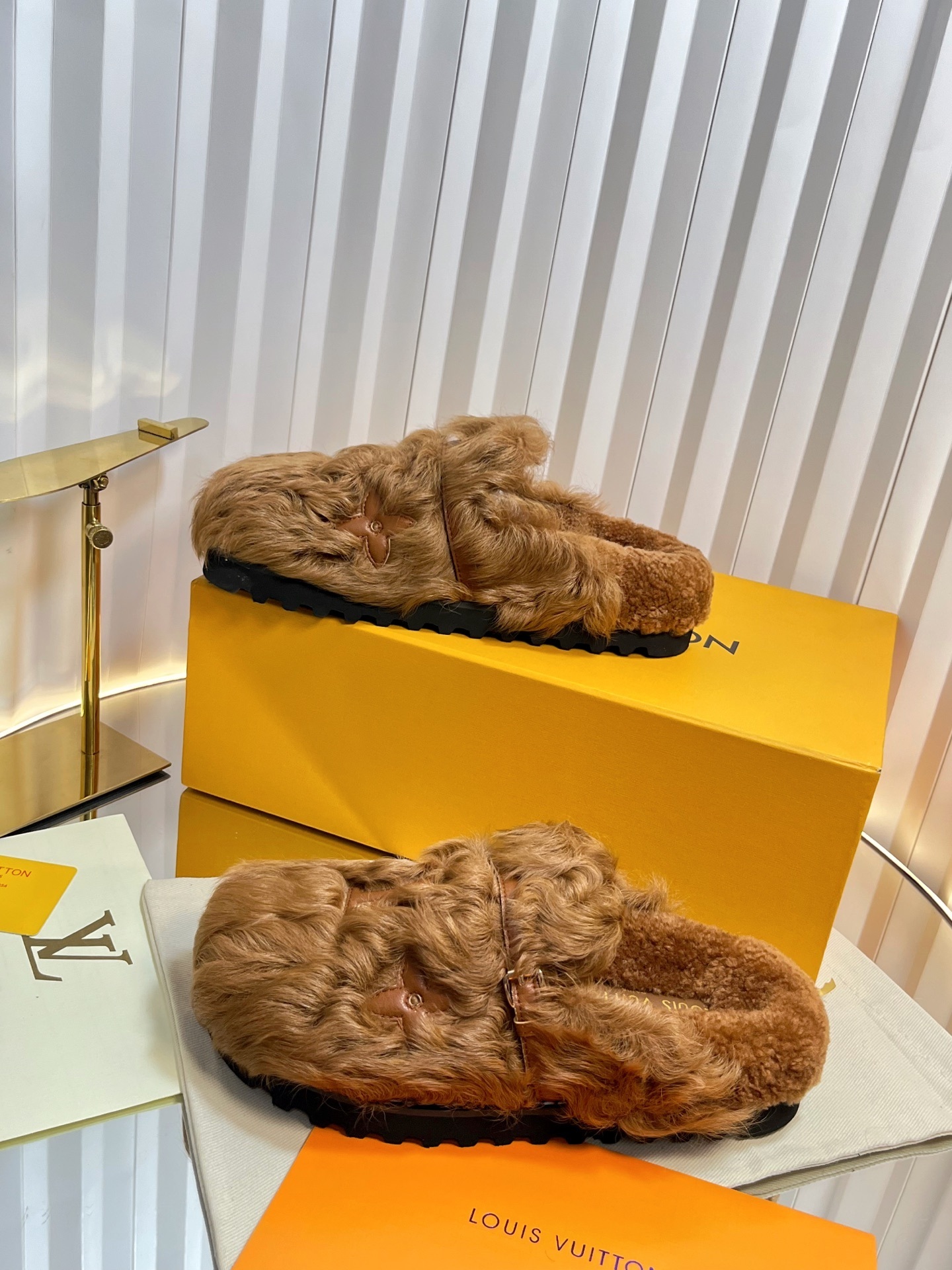 Louis Vuitton Luxury Monogram Fur Slippers - Stylish Camel Brown Mules