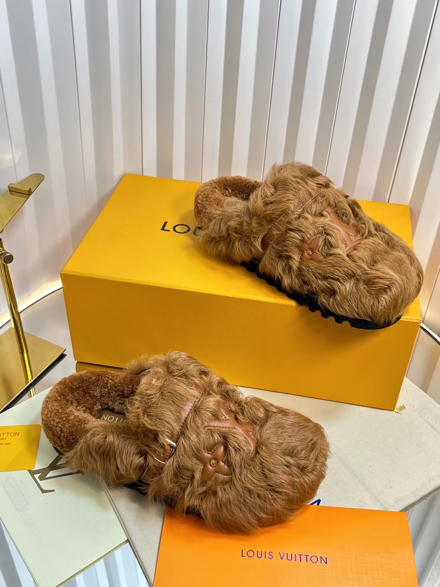 Louis Vuitton Luxury Monogram Fur Slippers - Stylish Camel Brown Mules