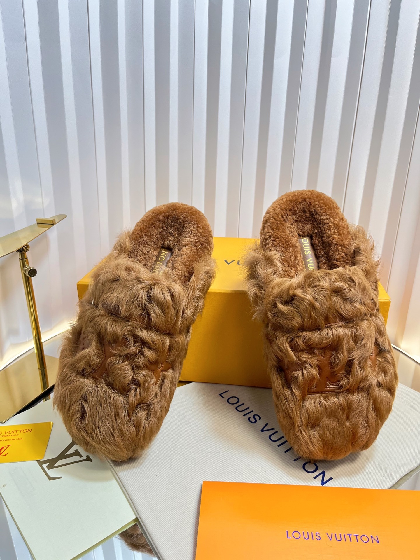 Louis Vuitton Luxury Monogram Fur Slippers - Stylish Camel Brown Mules
