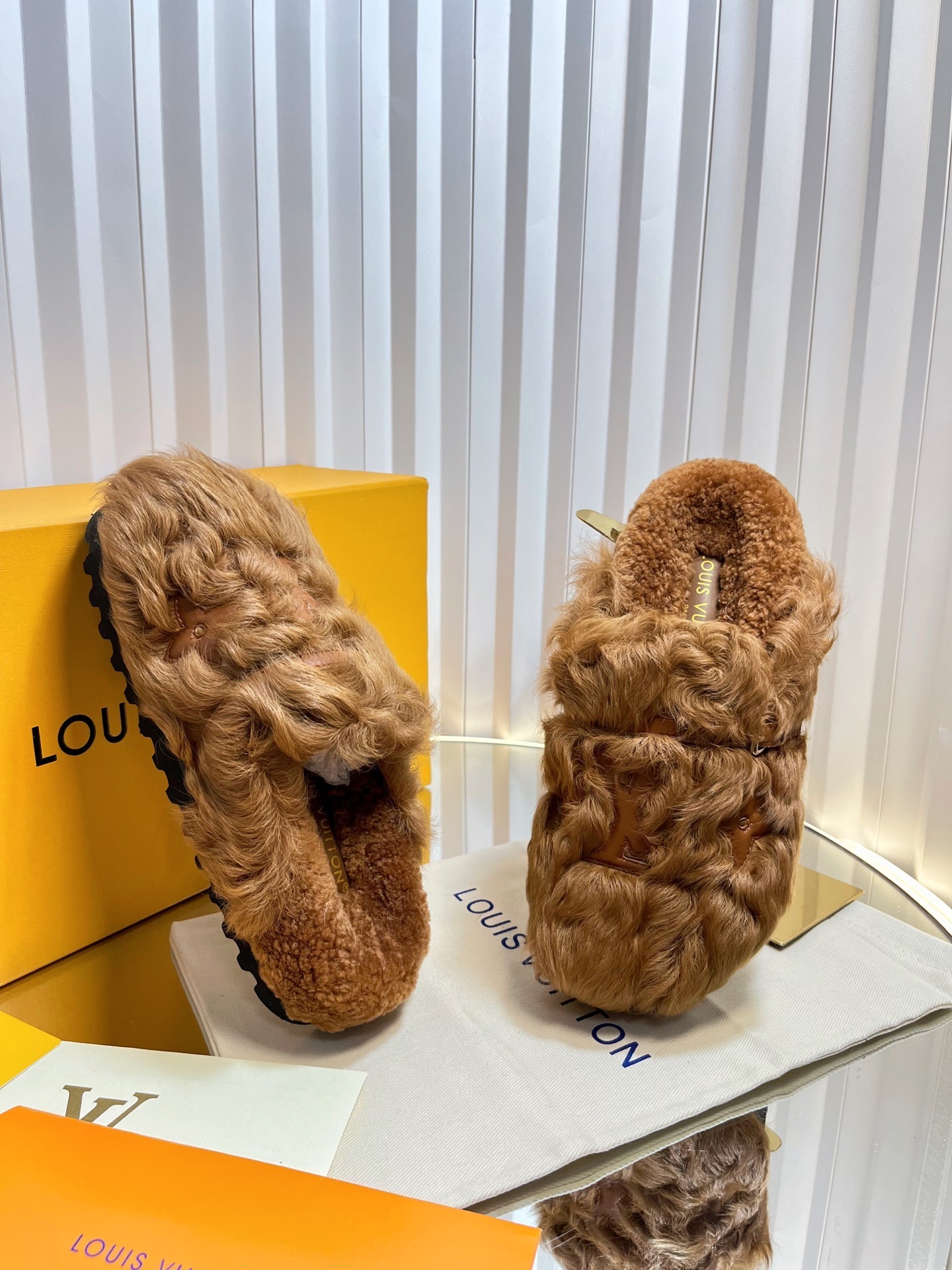 Louis Vuitton Luxury Monogram Fur Slippers - Stylish Camel Brown Mules