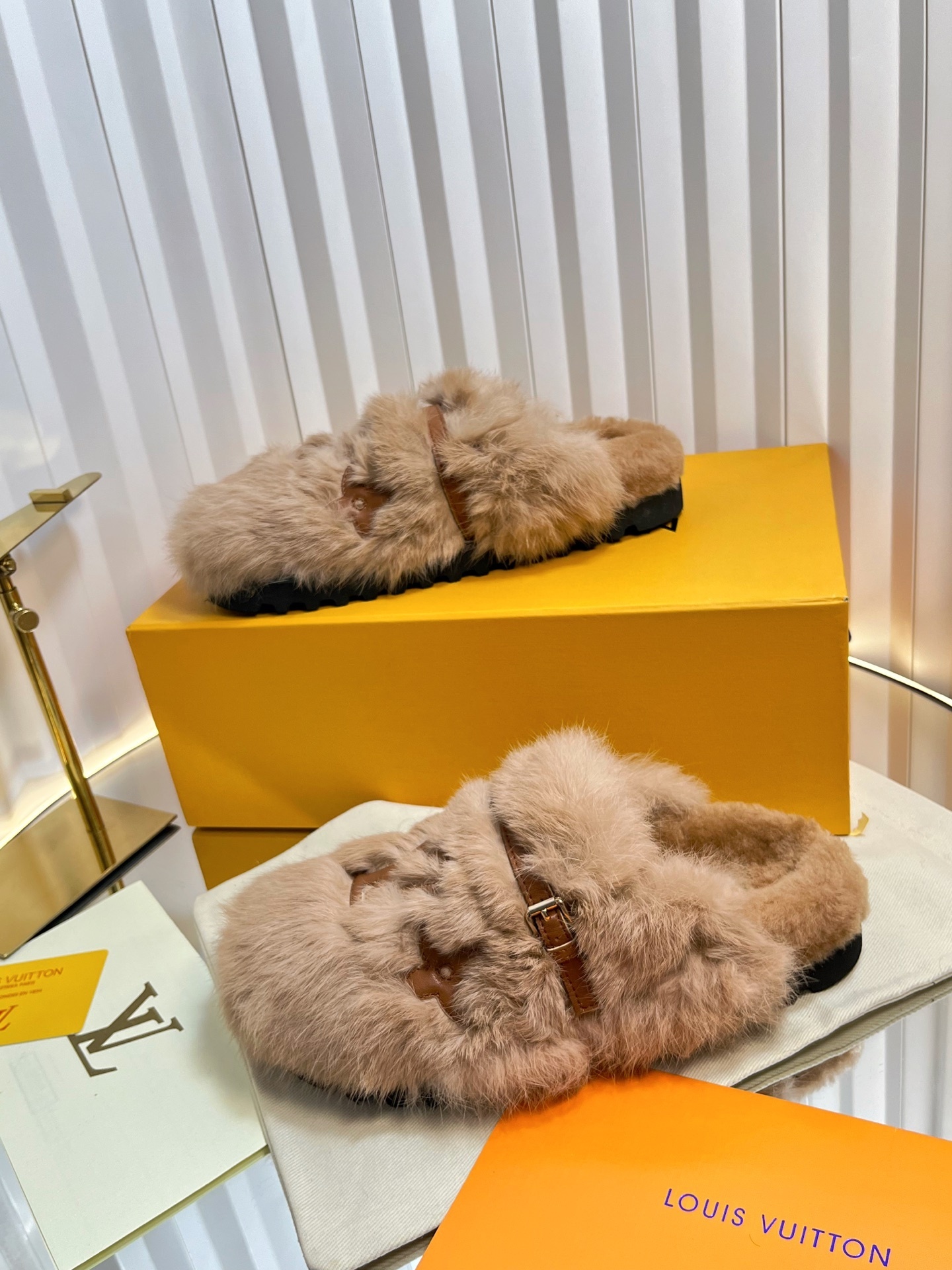 Louis Vuitton LV Shearling Pillow Comfort Flat Mules - Beige