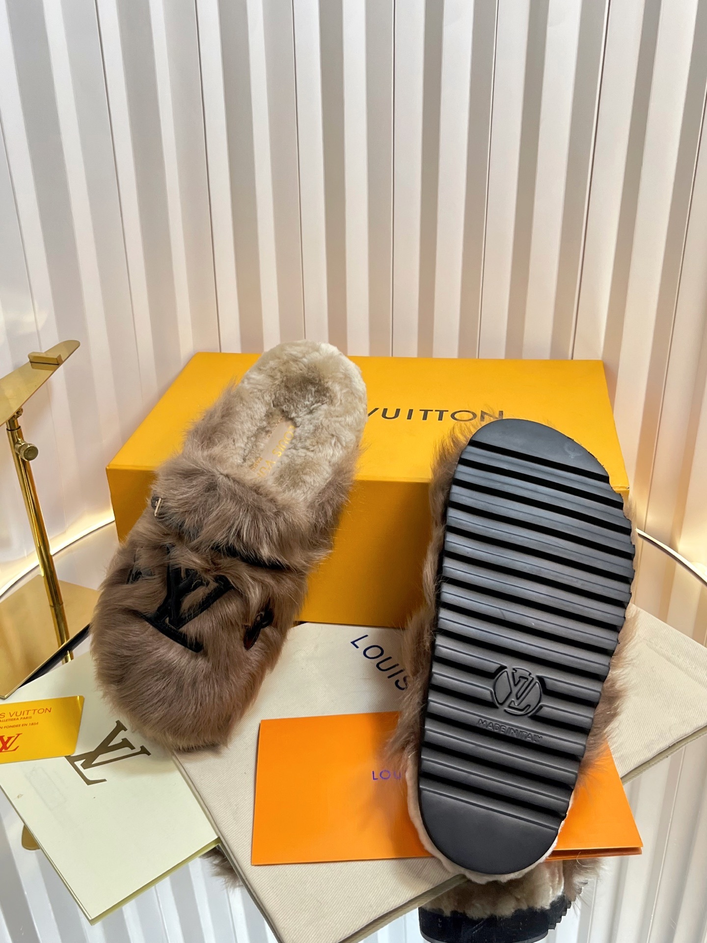 Louis Vuitton Paseo Comfort Flat Mule Brown Fur Slippers