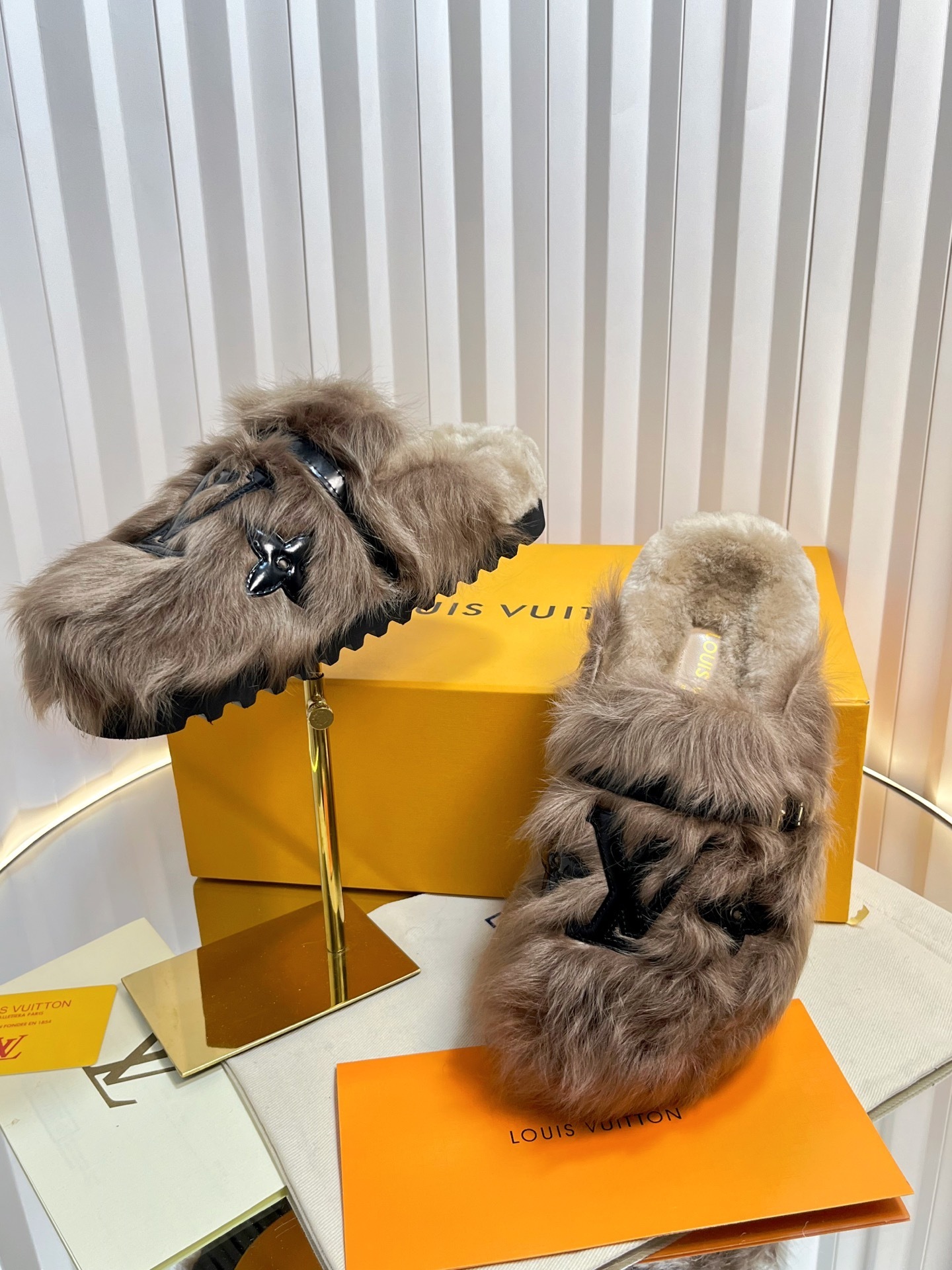 Louis Vuitton Paseo Comfort Flat Mule Brown Fur Slippers