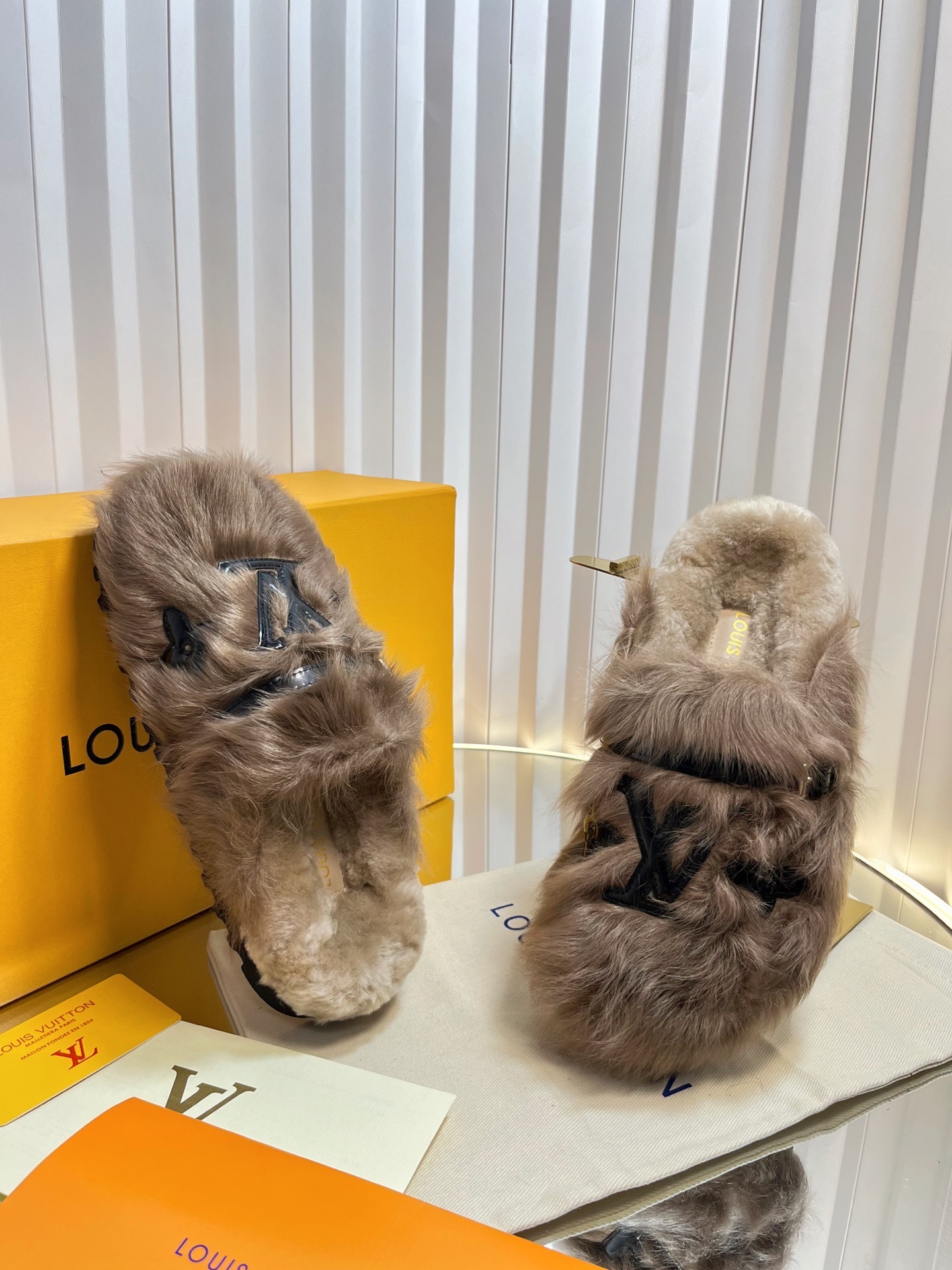 Louis Vuitton Paseo Comfort Flat Mule Brown Fur Slippers