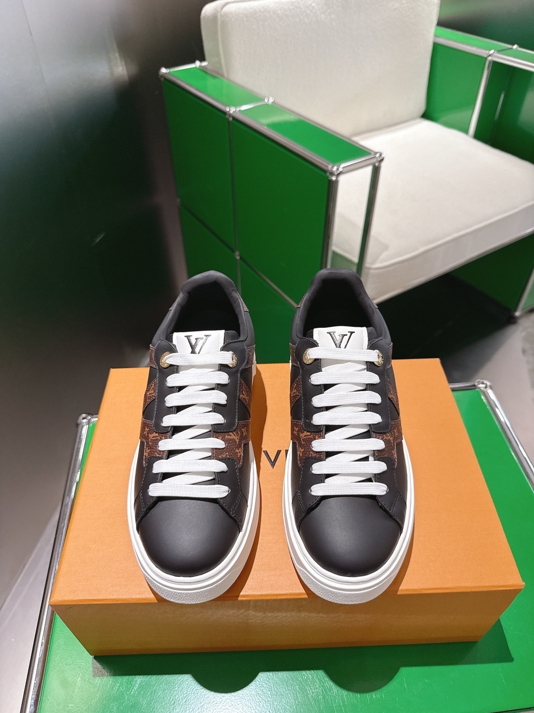 Louis Vuitton Monogram Canvas & Black Calf Leather Sneakers