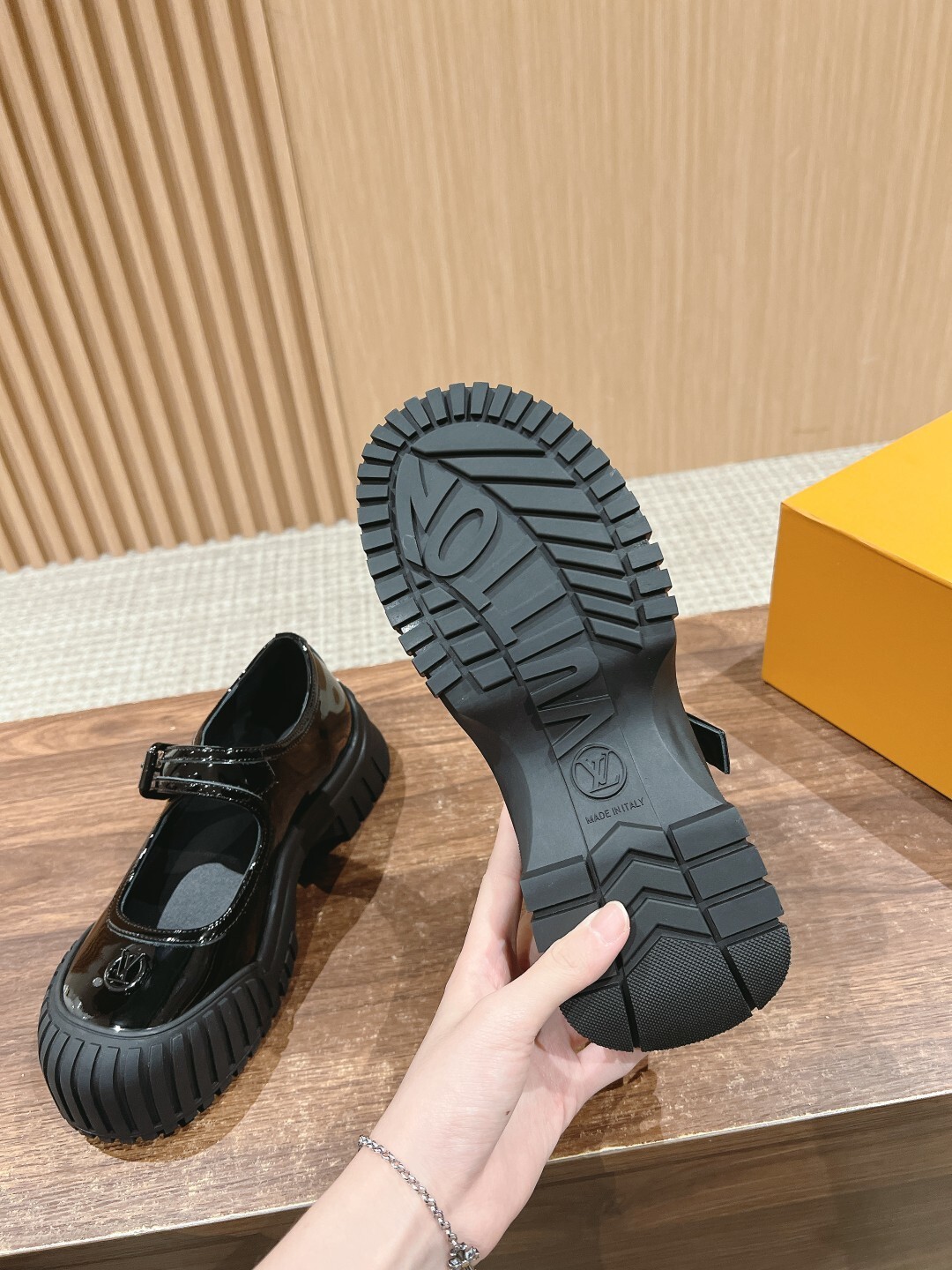 Black Patent Leather Mary Janes with Chunky Ribbed Platform Sole