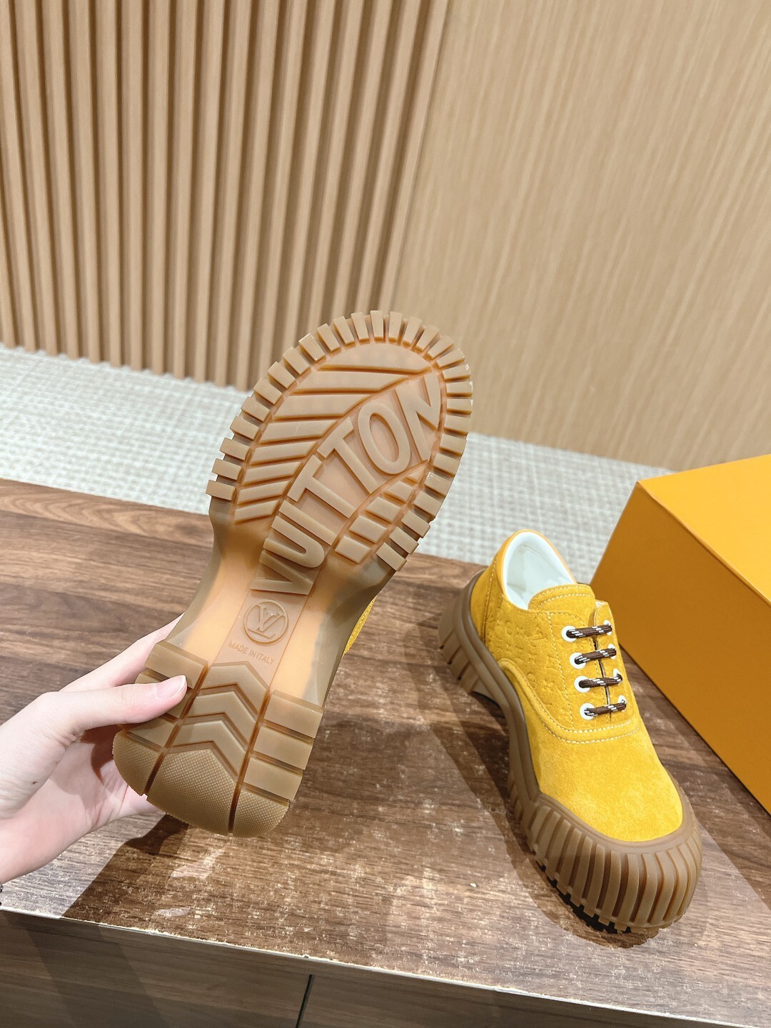 Luxury Yellow Suede Sneakers with Ribbed Platform Gum Sole