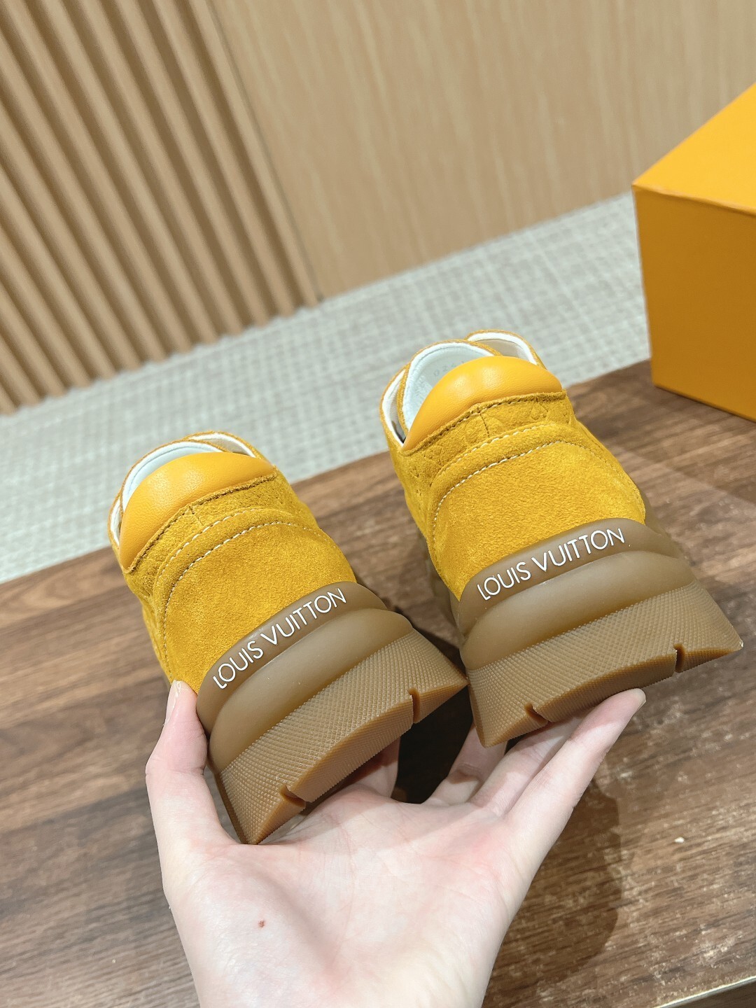 Luxury Yellow Suede Sneakers with Ribbed Platform Gum Sole