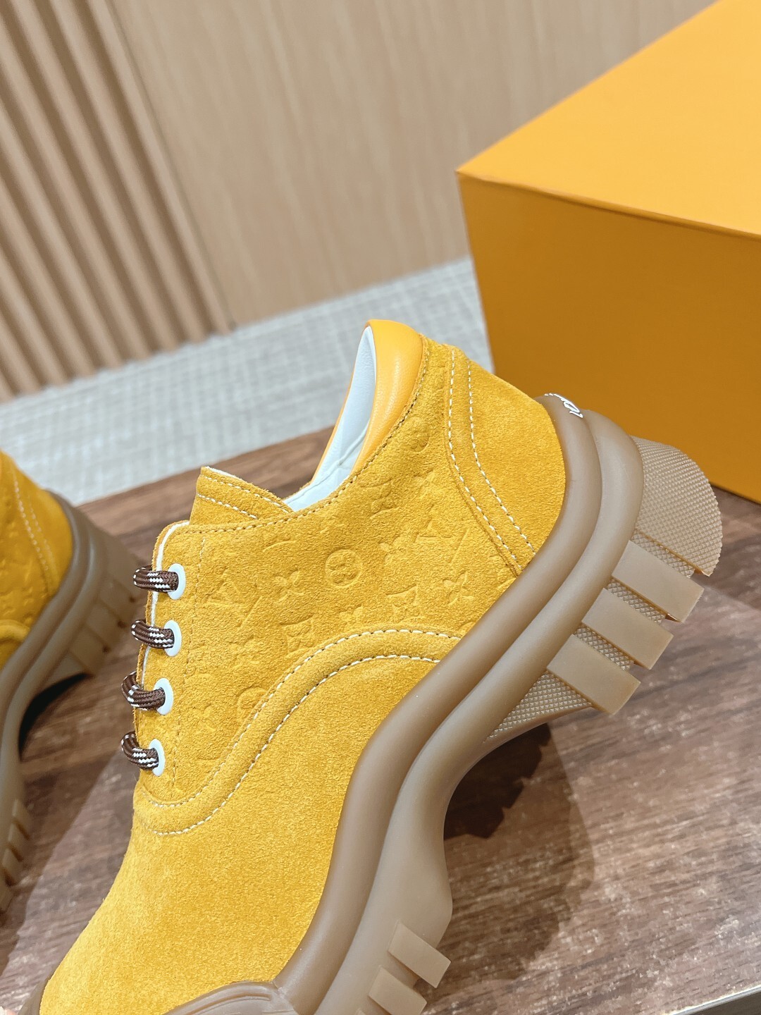 Luxury Yellow Suede Sneakers with Ribbed Platform Gum Sole