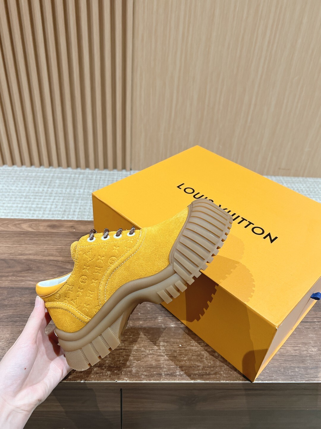 Luxury Yellow Suede Sneakers with Ribbed Platform Gum Sole