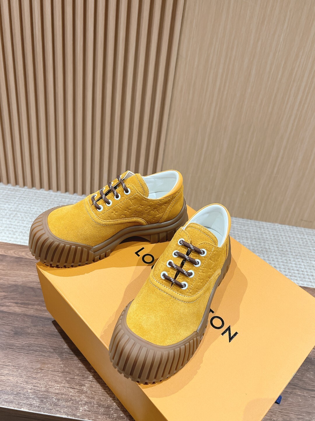 Luxury Yellow Suede Sneakers with Ribbed Platform Gum Sole