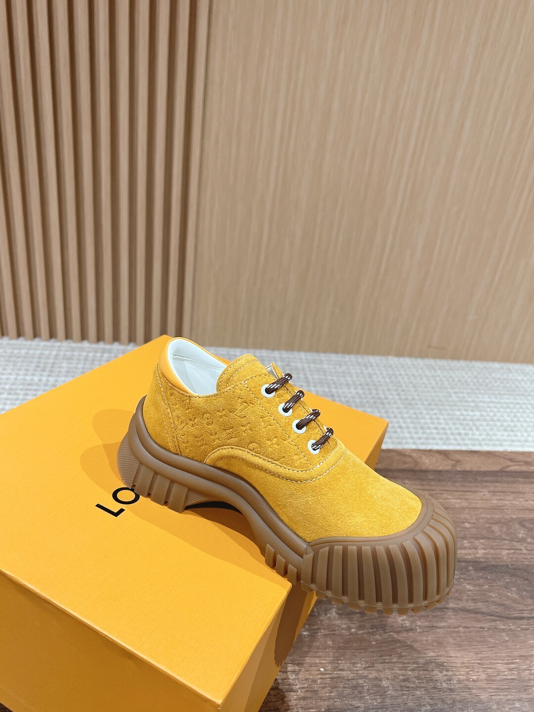 Luxury Yellow Suede Sneakers with Ribbed Platform Gum Sole
