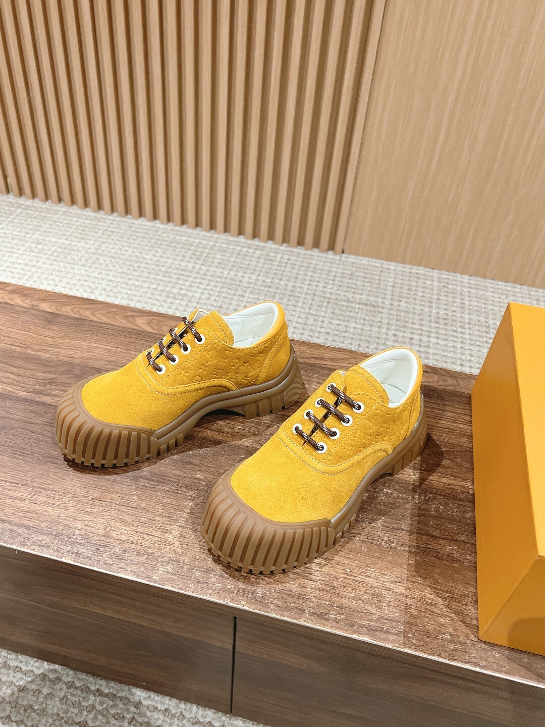 Luxury Yellow Suede Sneakers with Ribbed Platform Gum Sole