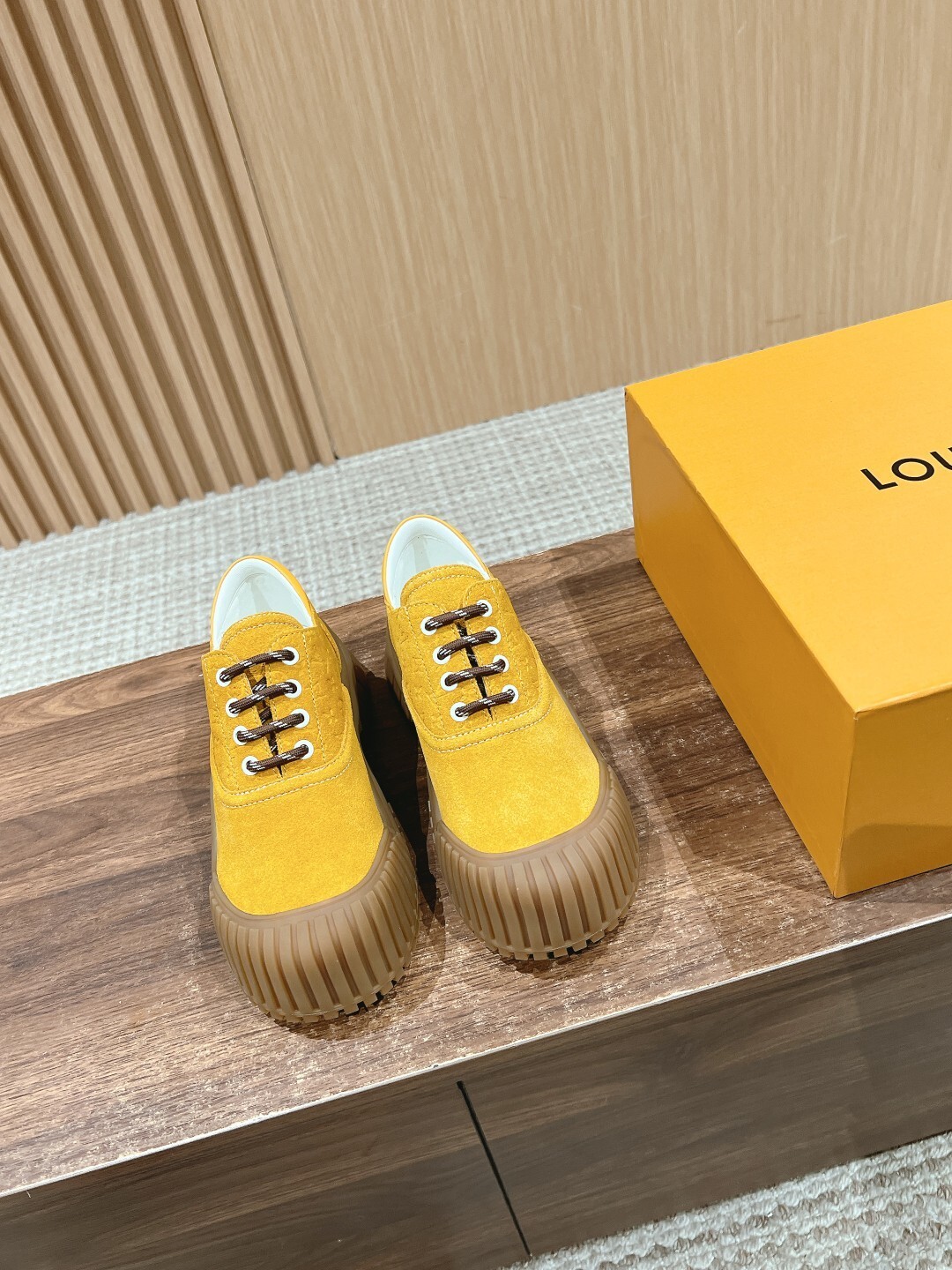 Luxury Yellow Suede Sneakers with Ribbed Platform Gum Sole