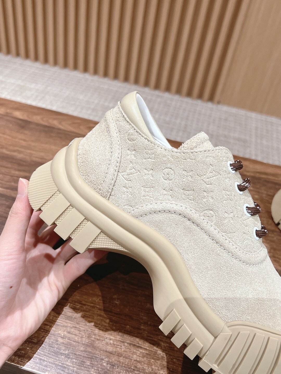Luxury Women's Beige Platform Canvas Sneakers - Ribbed Sole Shoes