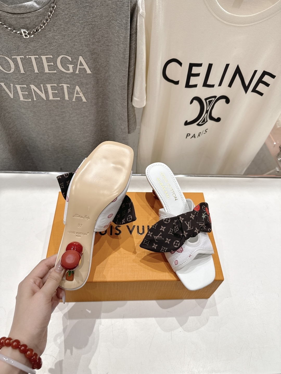 LV x Takashi Murakami Cherry Blossom Monogram Bow White Mules