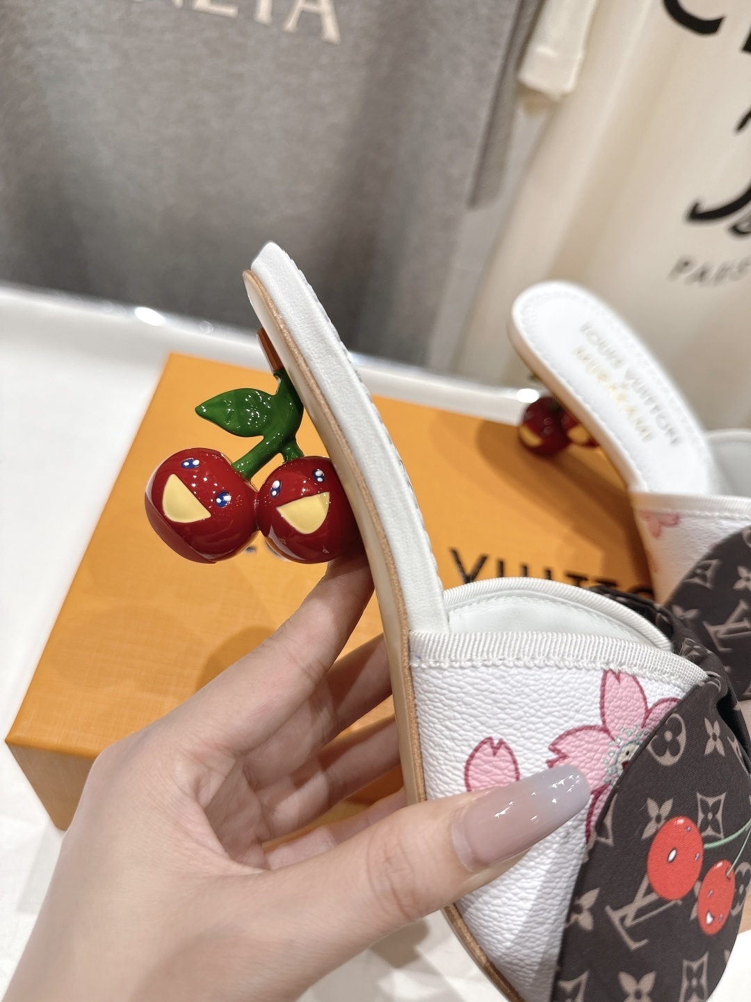 LV x Takashi Murakami Cherry Blossom Monogram Bow White Mules