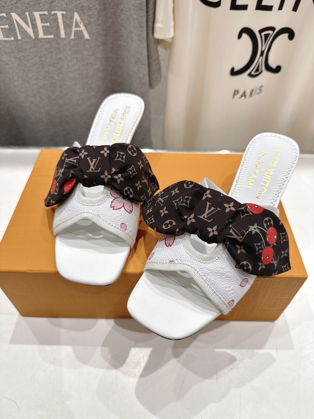LV x Takashi Murakami Cherry Blossom Monogram Bow White Mules