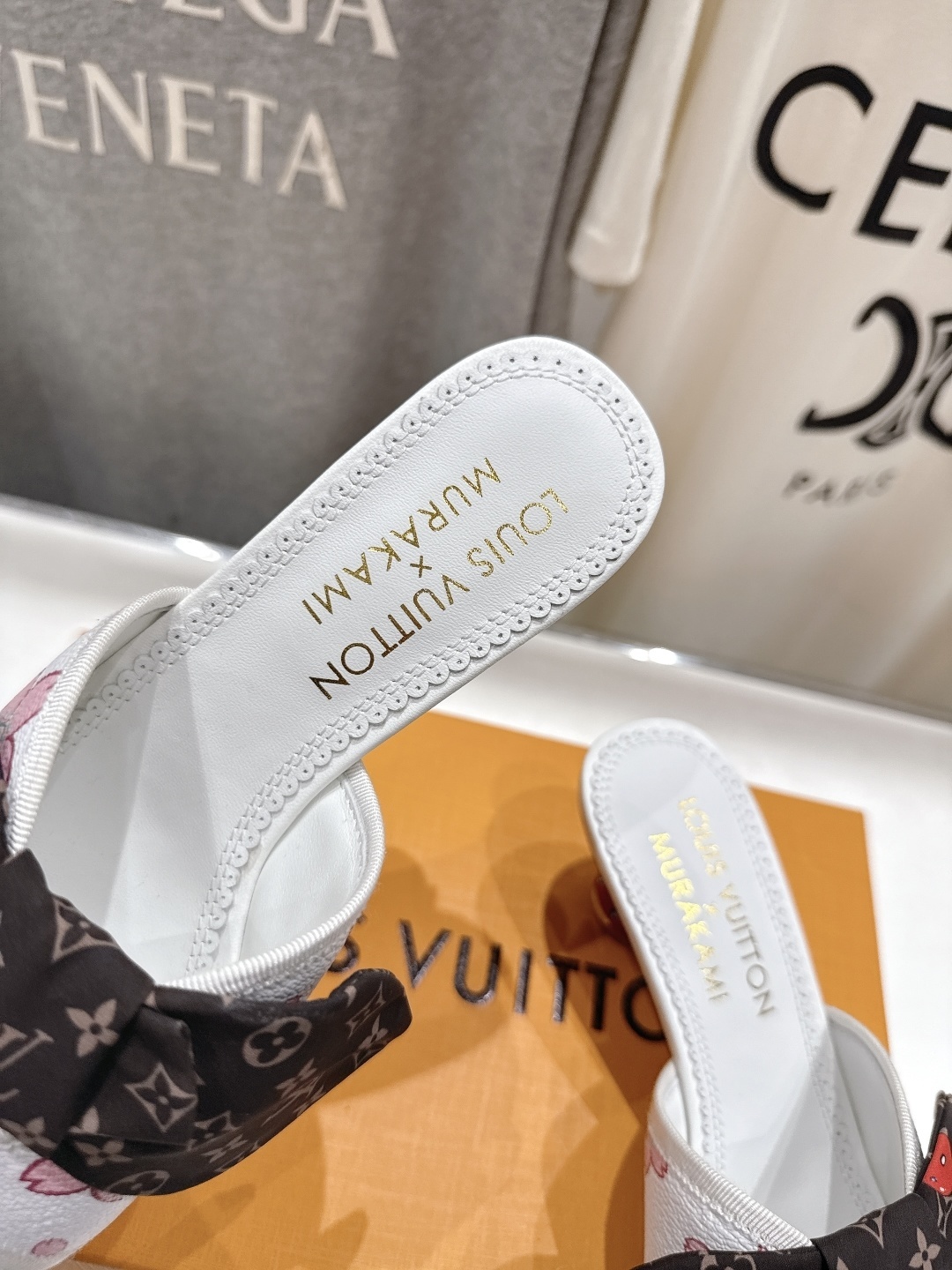LV x Takashi Murakami Cherry Blossom Monogram Bow White Mules