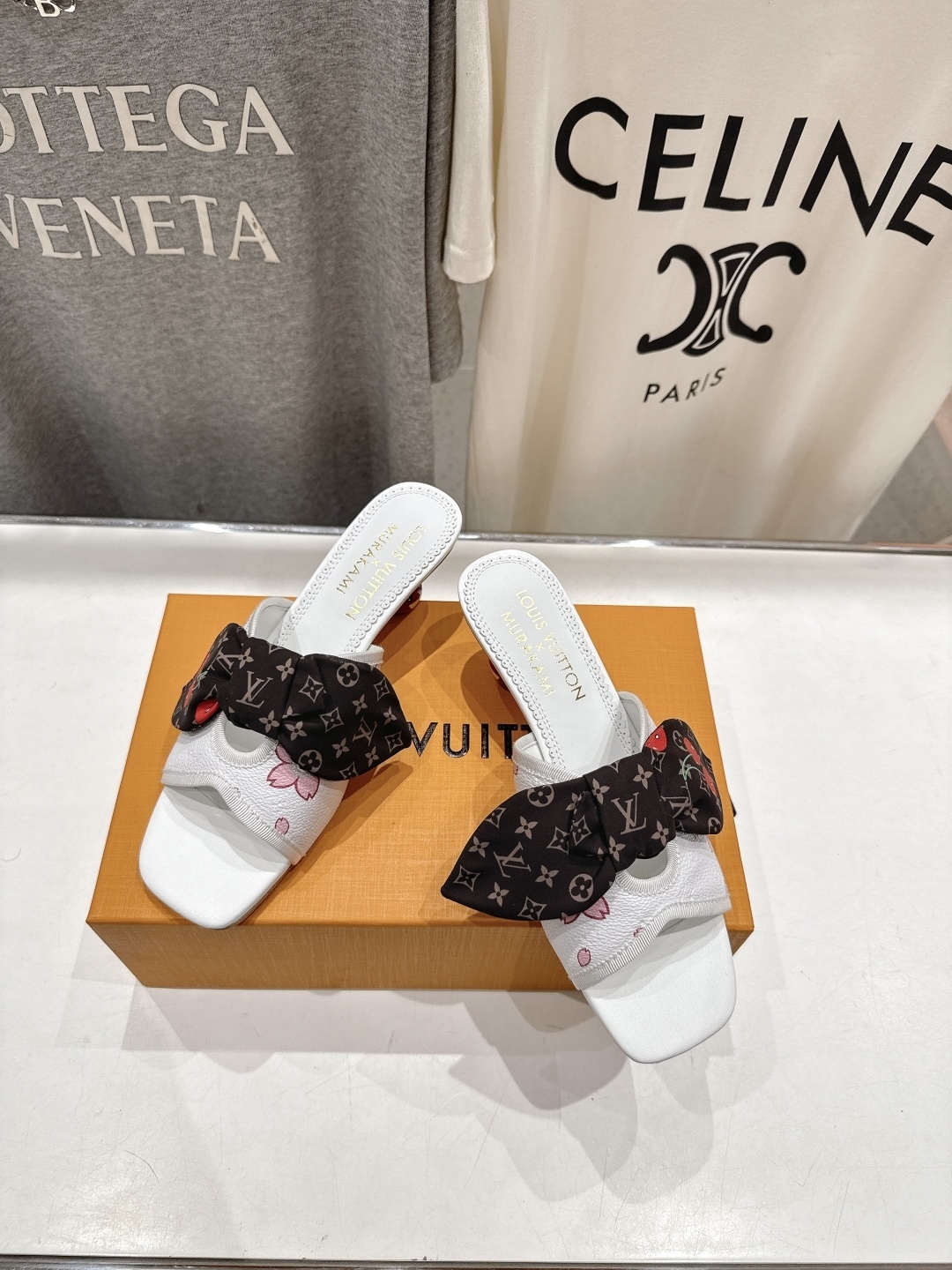 LV x Takashi Murakami Cherry Blossom Monogram Bow White Mules