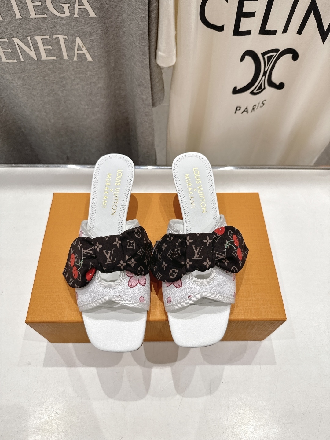 LV x Takashi Murakami Cherry Blossom Monogram Bow White Mules