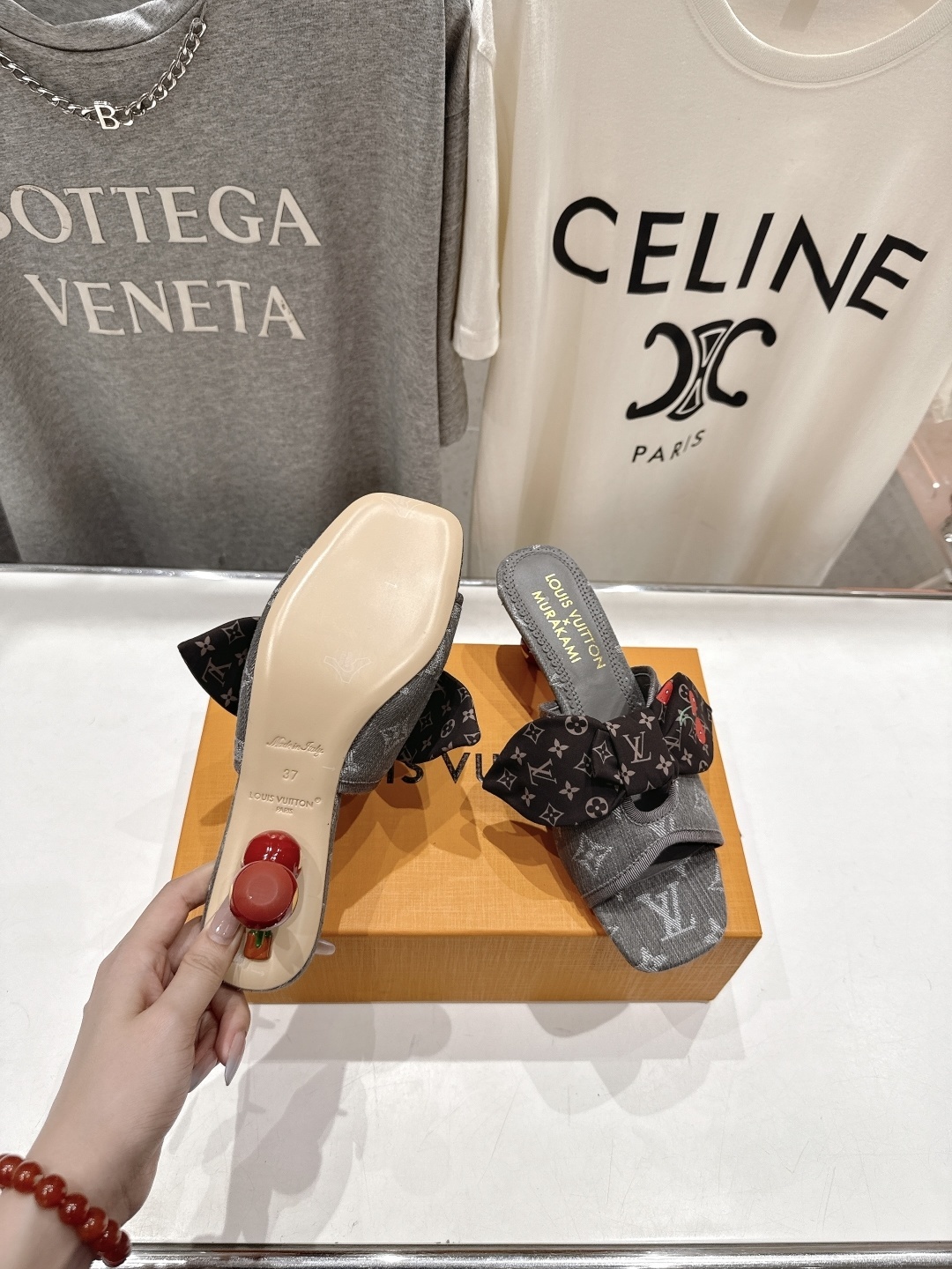 LV x Murakami Cherry Monogram Denim Bow Heeled Mules