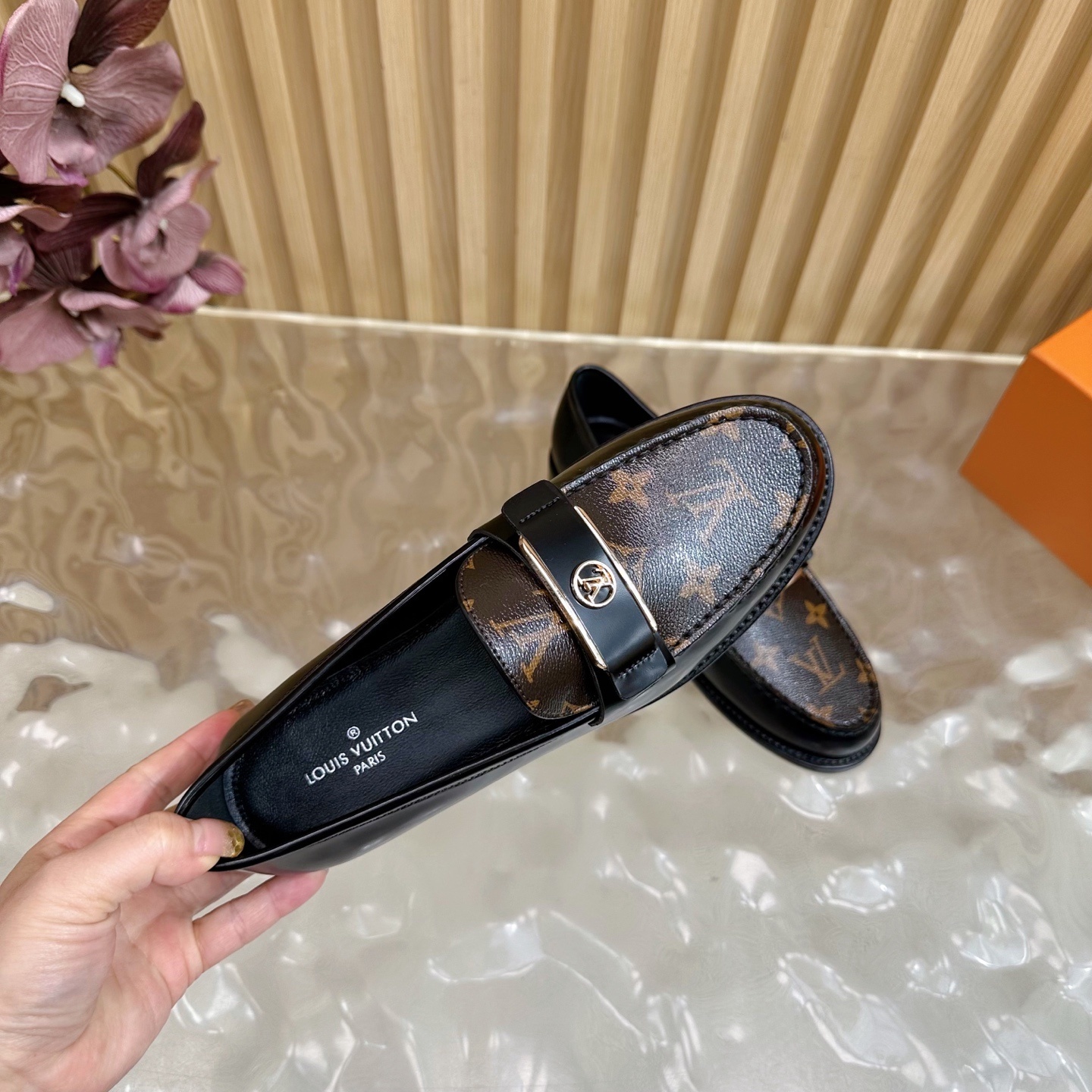 Louis Vuitton Men's Black Leather Monogram Loafers - Designer Shoes