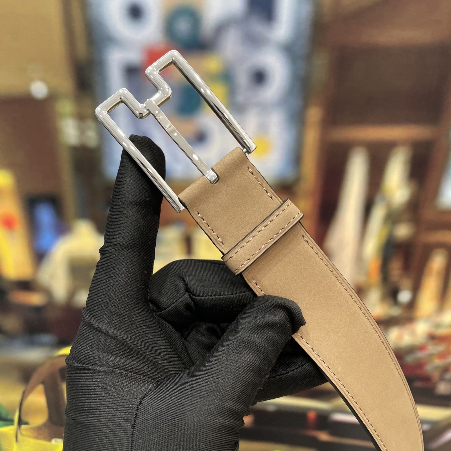 Premium Tan Leather Belt for Men - Stylish Silver Geometric Buckle