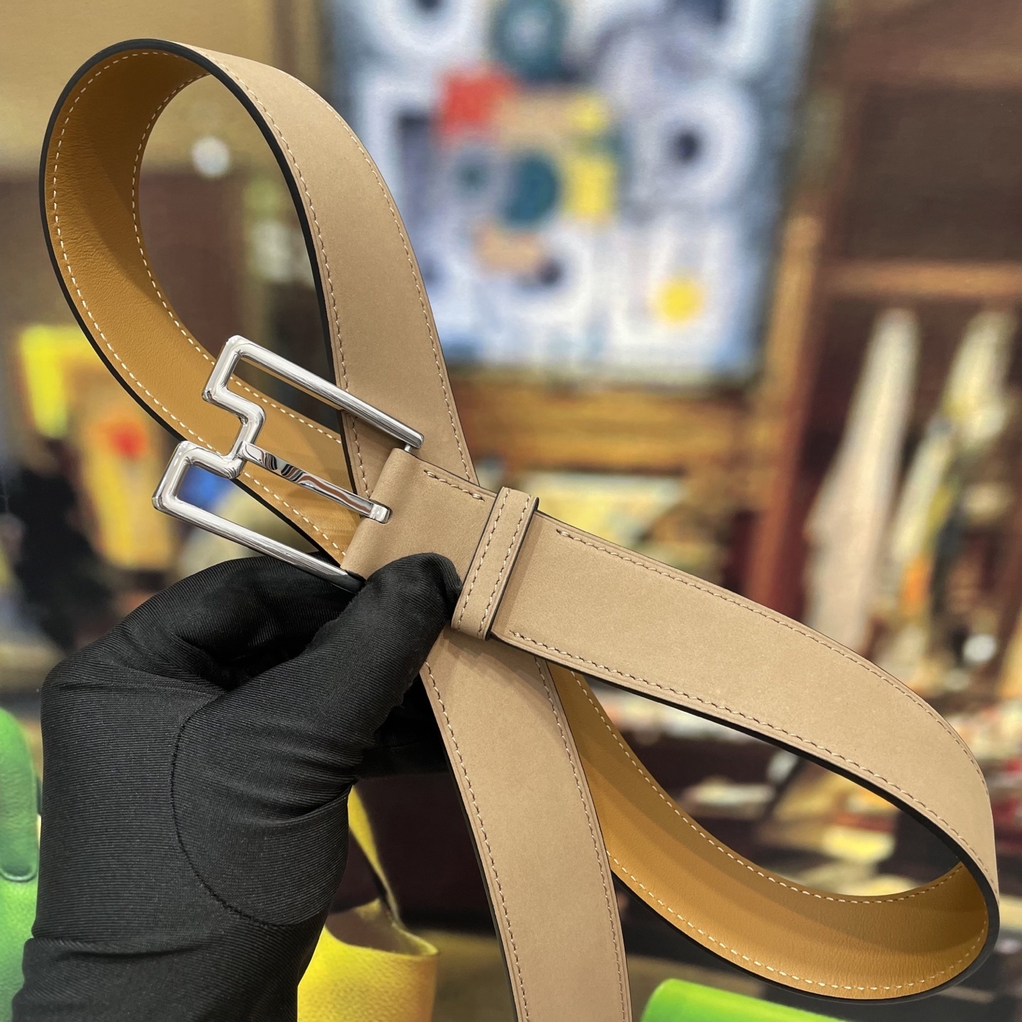 Premium Tan Leather Belt for Men - Stylish Silver Geometric Buckle